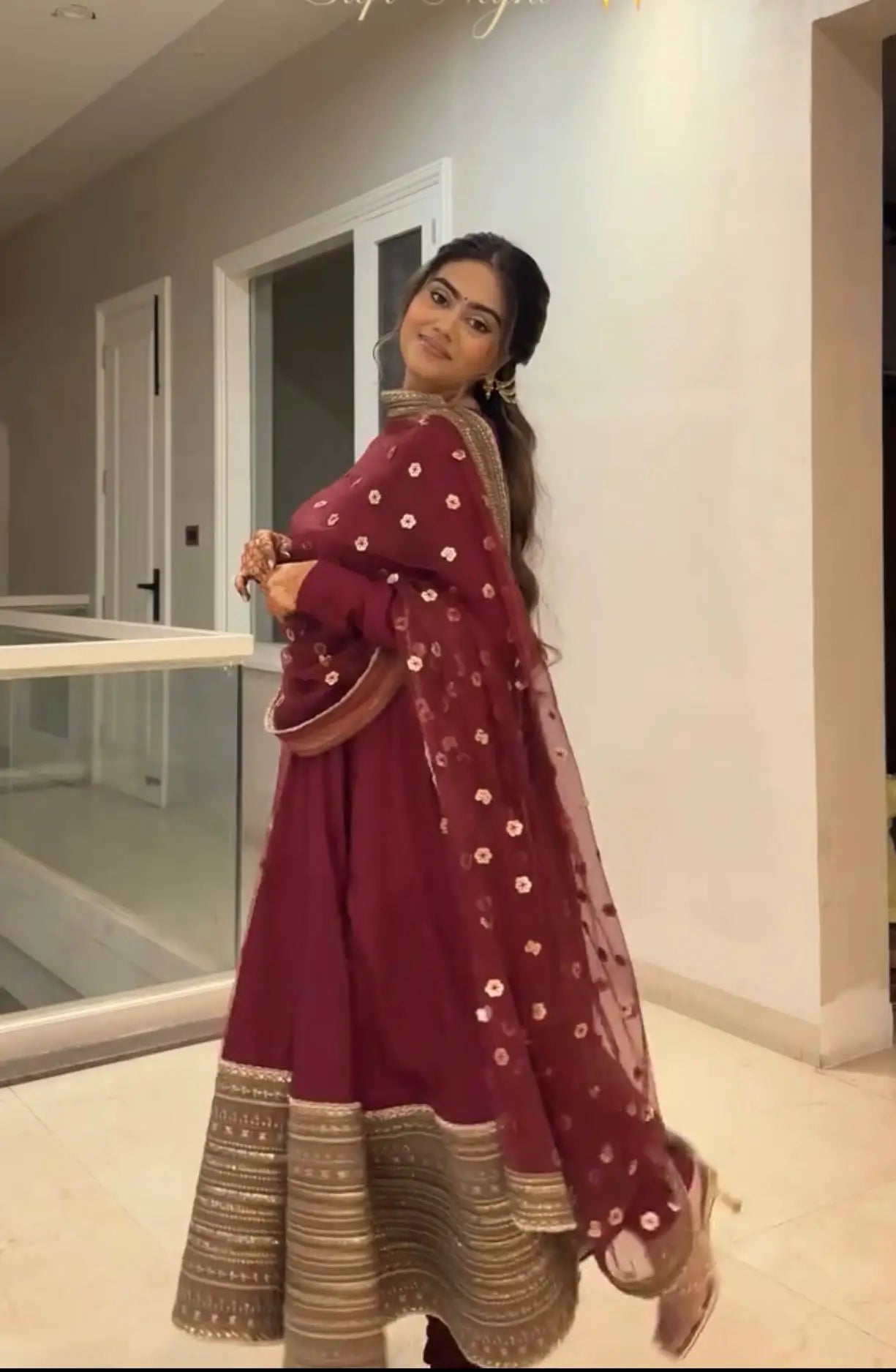 Embroidered Roman Silk Anarkali Gown Set