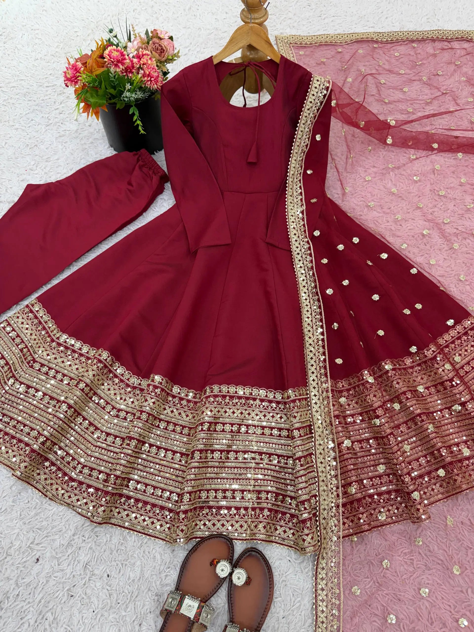 Embroidered Roman Silk Anarkali Gown Set