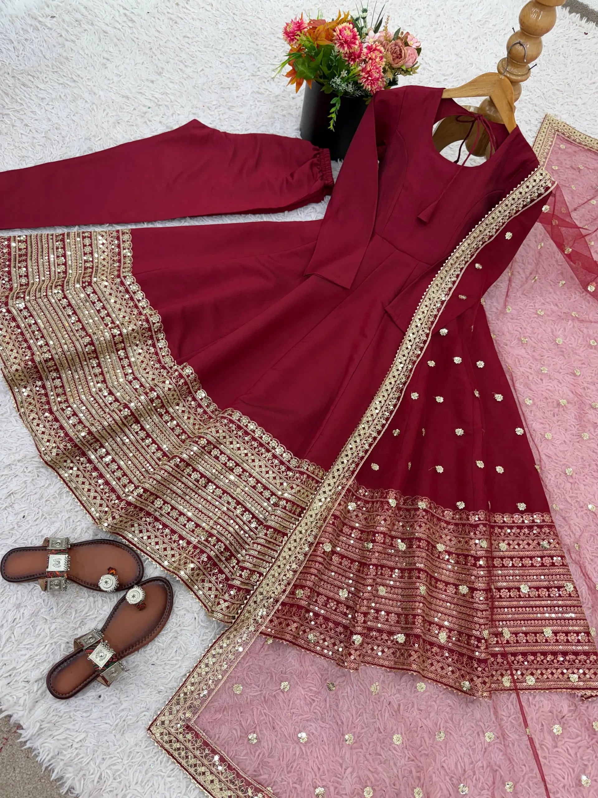 Embroidered Roman Silk Anarkali Gown Set