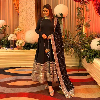 Embroidered Roman Silk Anarkali Gown Set