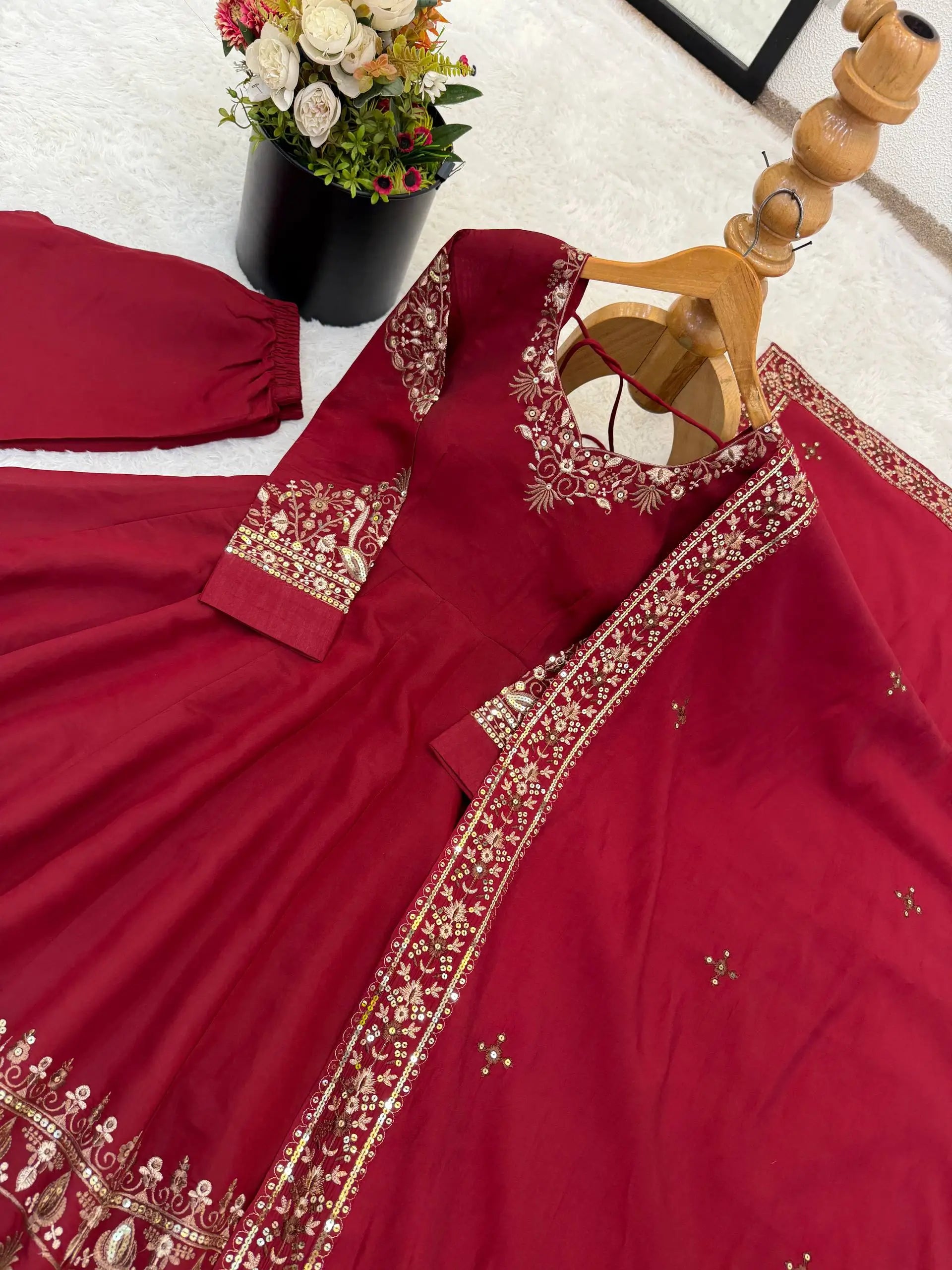 Embroidered Roman Silk Anarkali Three Piece Set