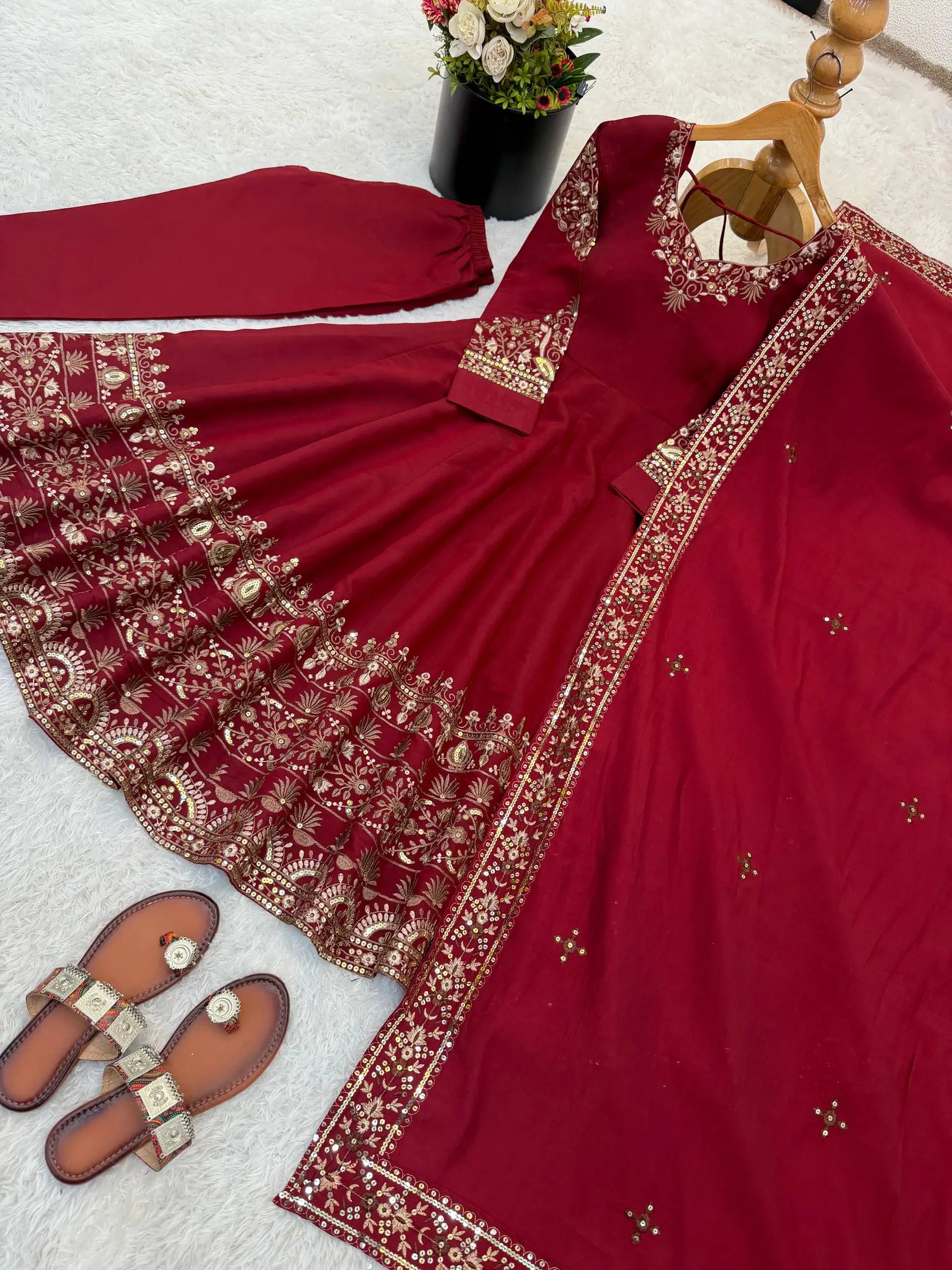Embroidered Roman Silk Anarkali Three Piece Set