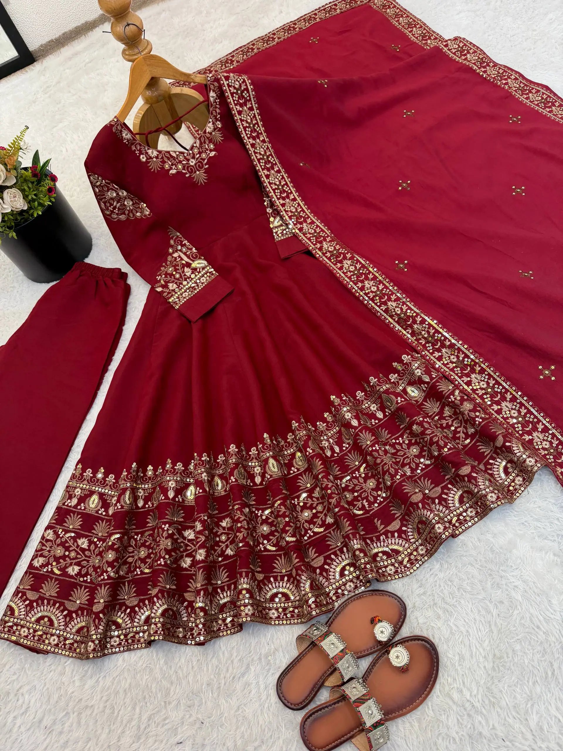 Embroidered Roman Silk Anarkali Three Piece Set