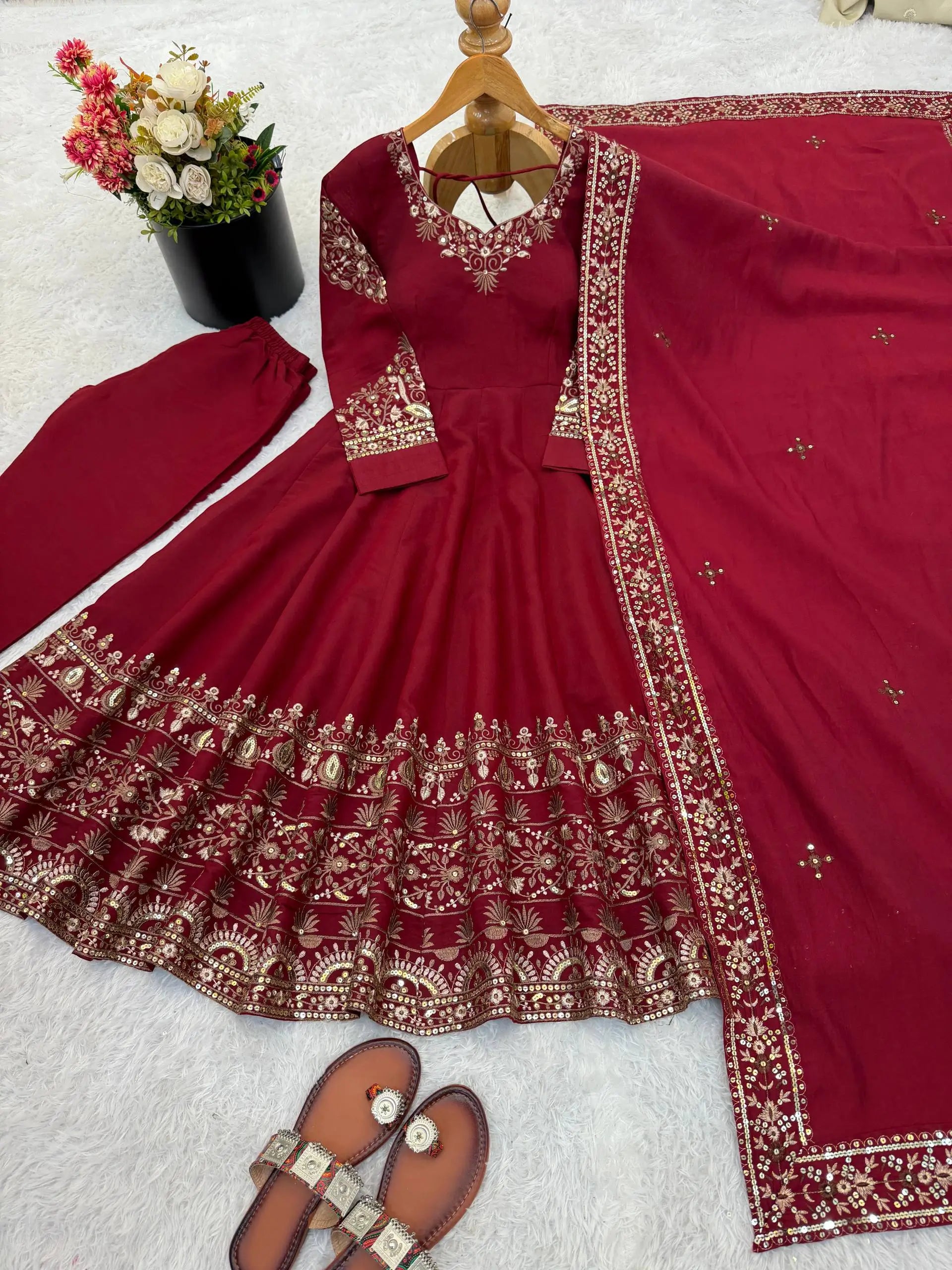 Embroidered Roman Silk Anarkali Three Piece Set