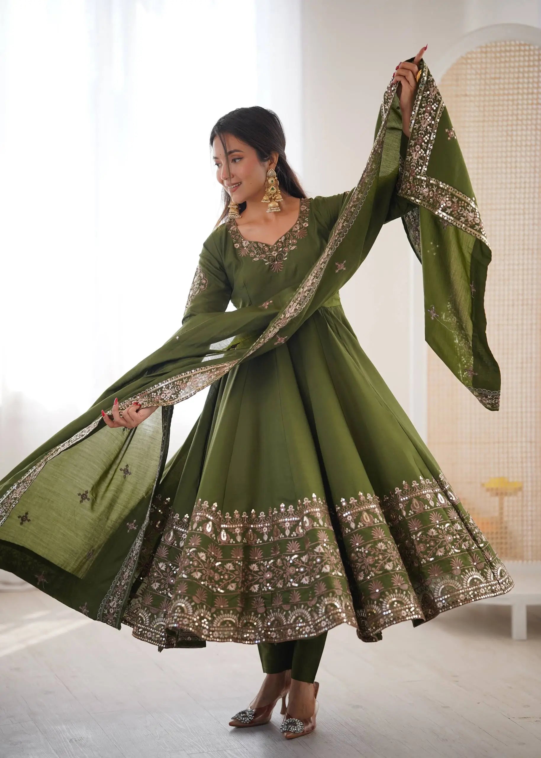 Embroidered Roman Silk Anarkali Three Piece Set