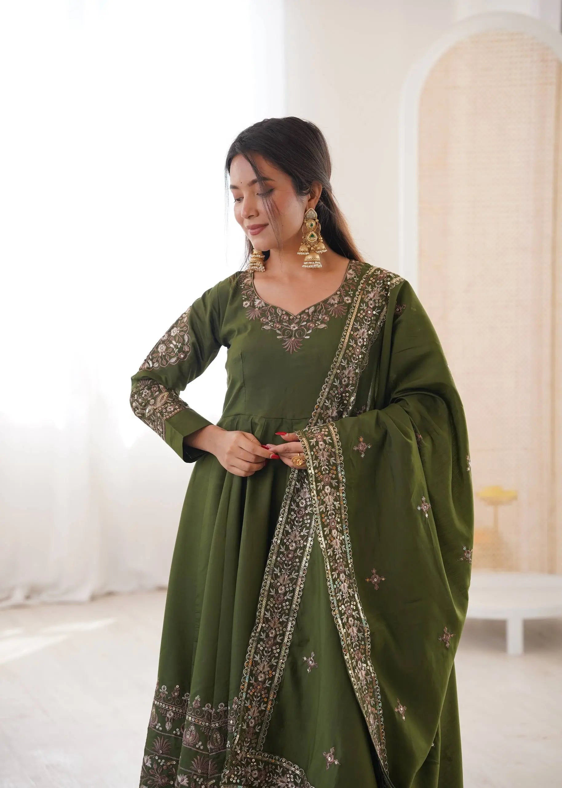 Embroidered Roman Silk Anarkali Three Piece Set