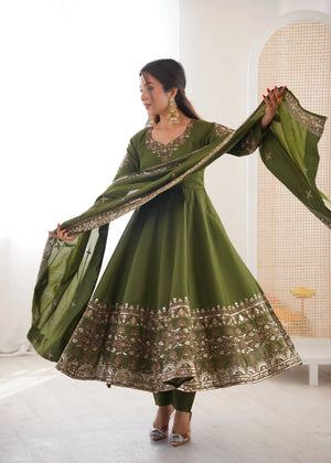 Embroidered Roman Silk Anarkali Three Piece Set