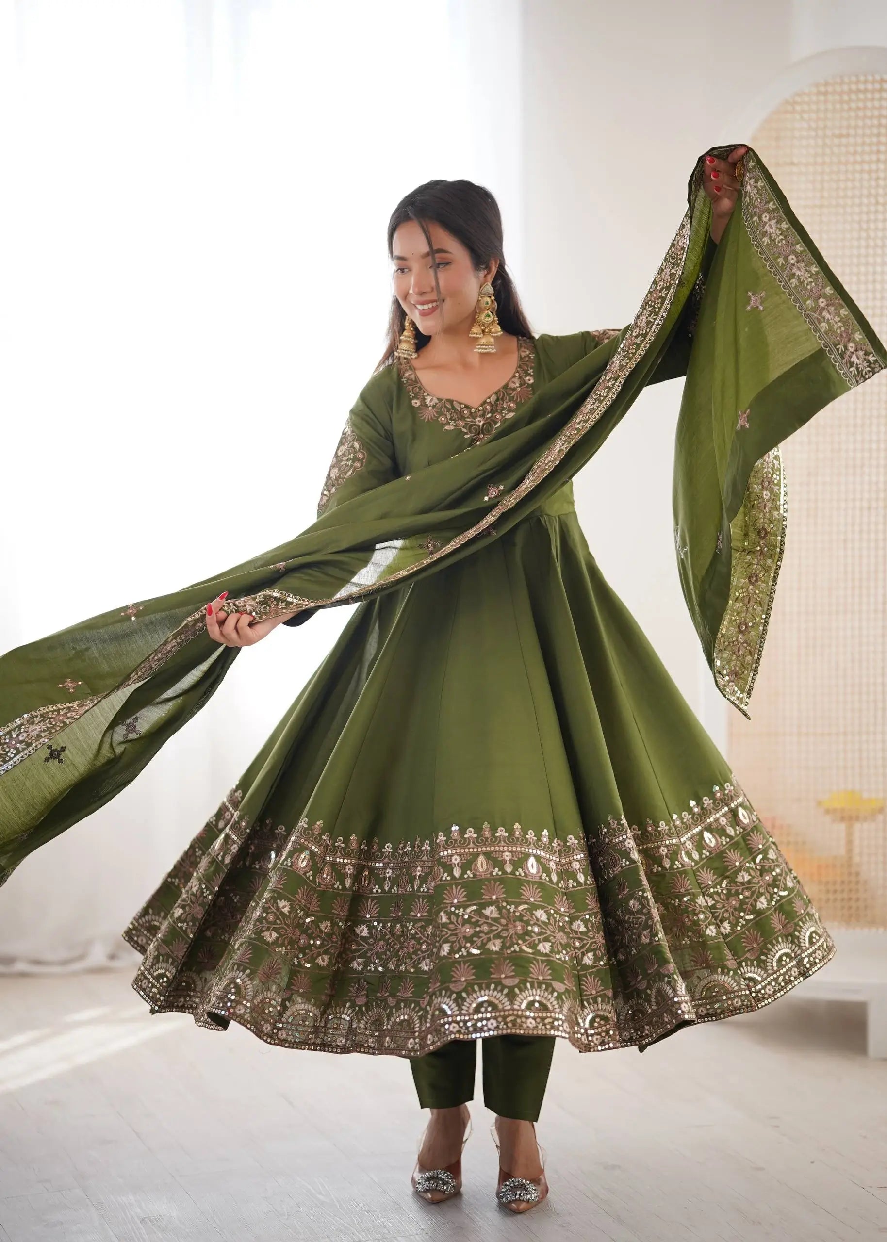 Embroidered Roman Silk Anarkali Three Piece Set
