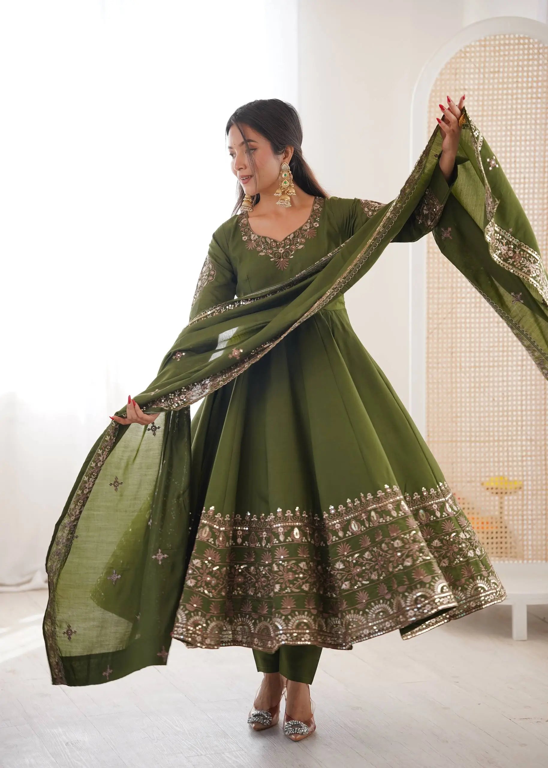 Embroidered Roman Silk Anarkali Three Piece Set