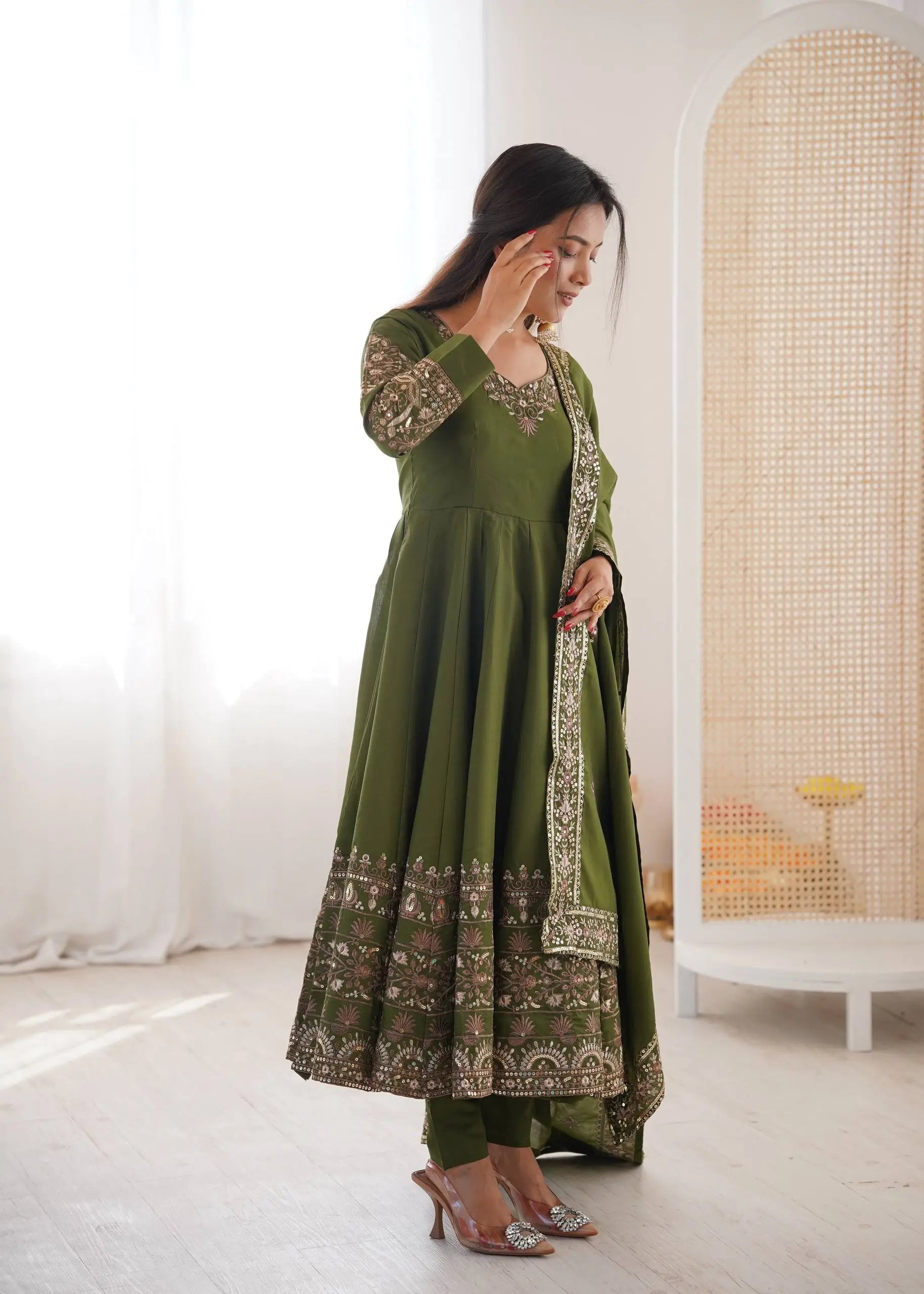 Embroidered Roman Silk Anarkali Three Piece Set