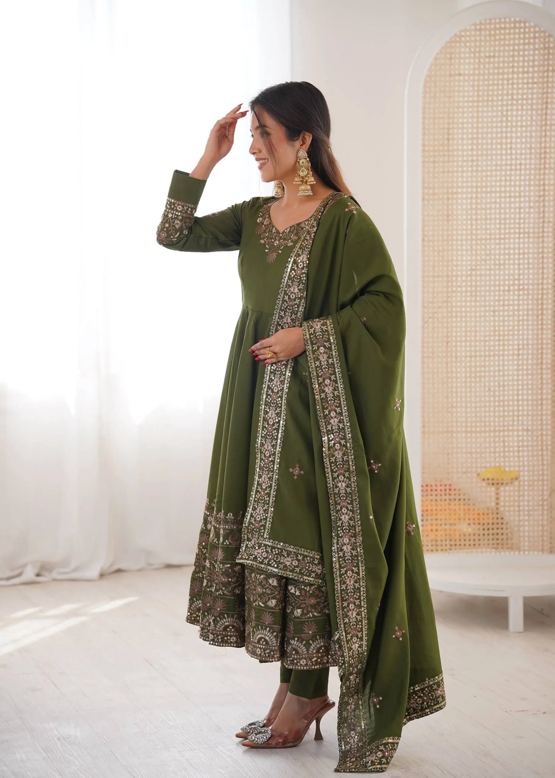 Embroidered Roman Silk Anarkali Three Piece Set