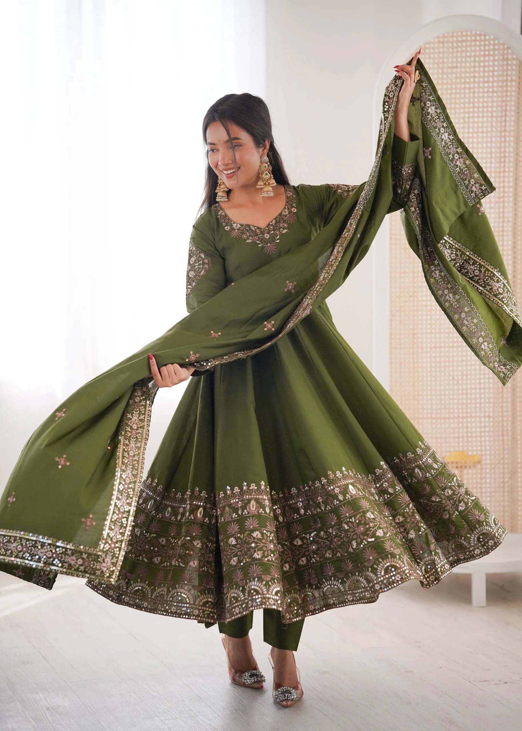 Embroidered Roman Silk Anarkali Three Piece Set