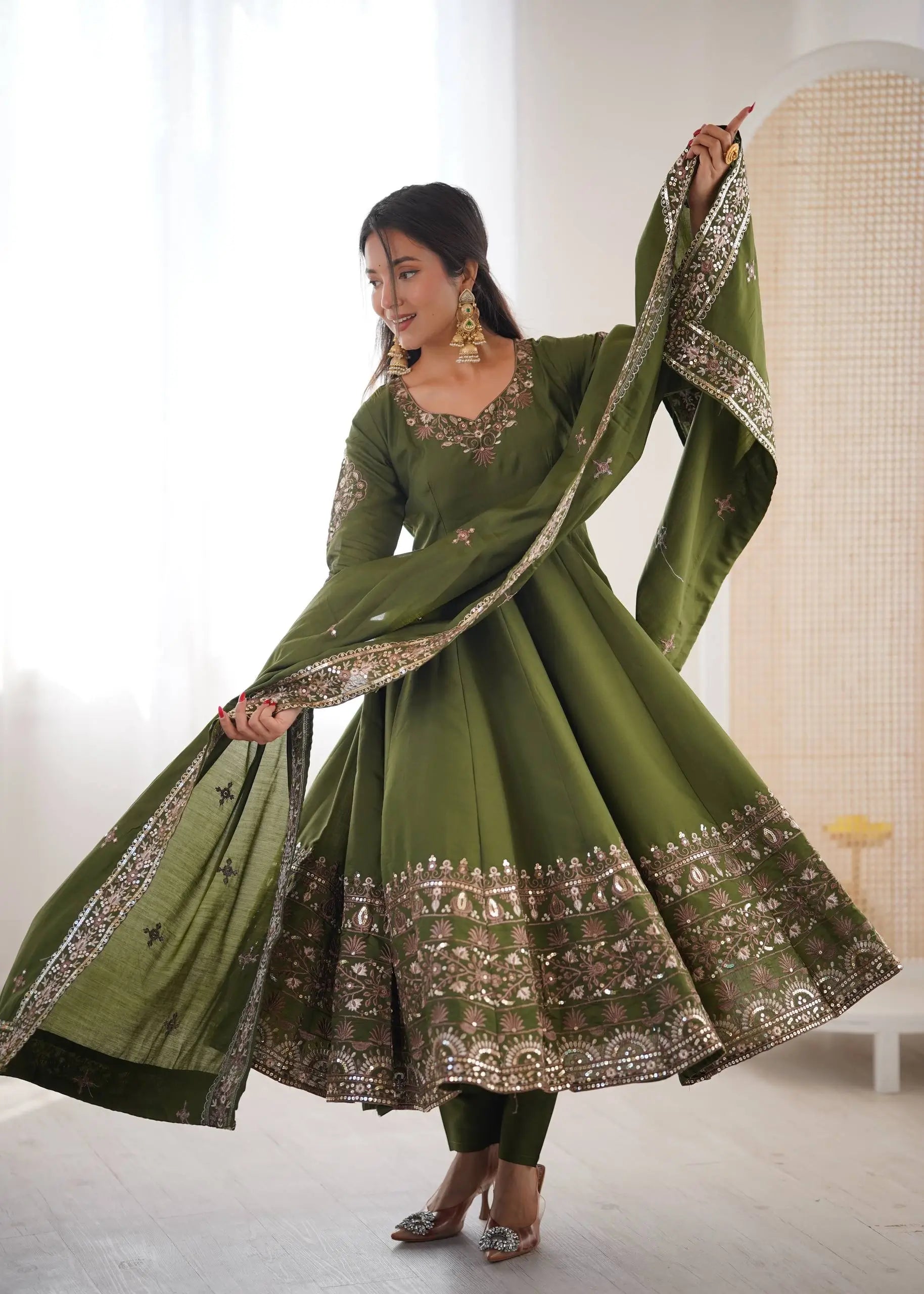 Embroidered Roman Silk Anarkali Three Piece Set