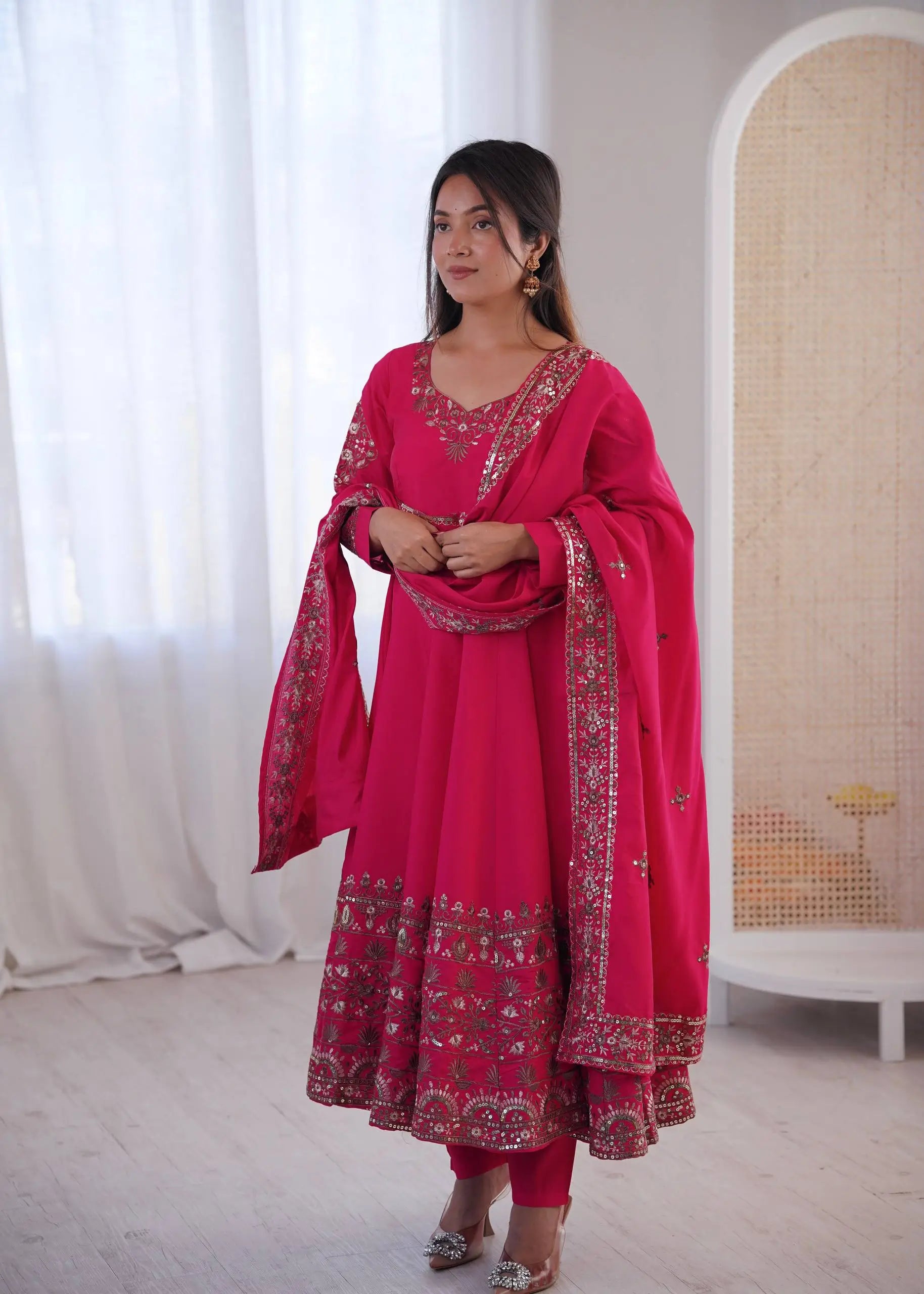 Embroidered Roman Silk Anarkali Three Piece Set