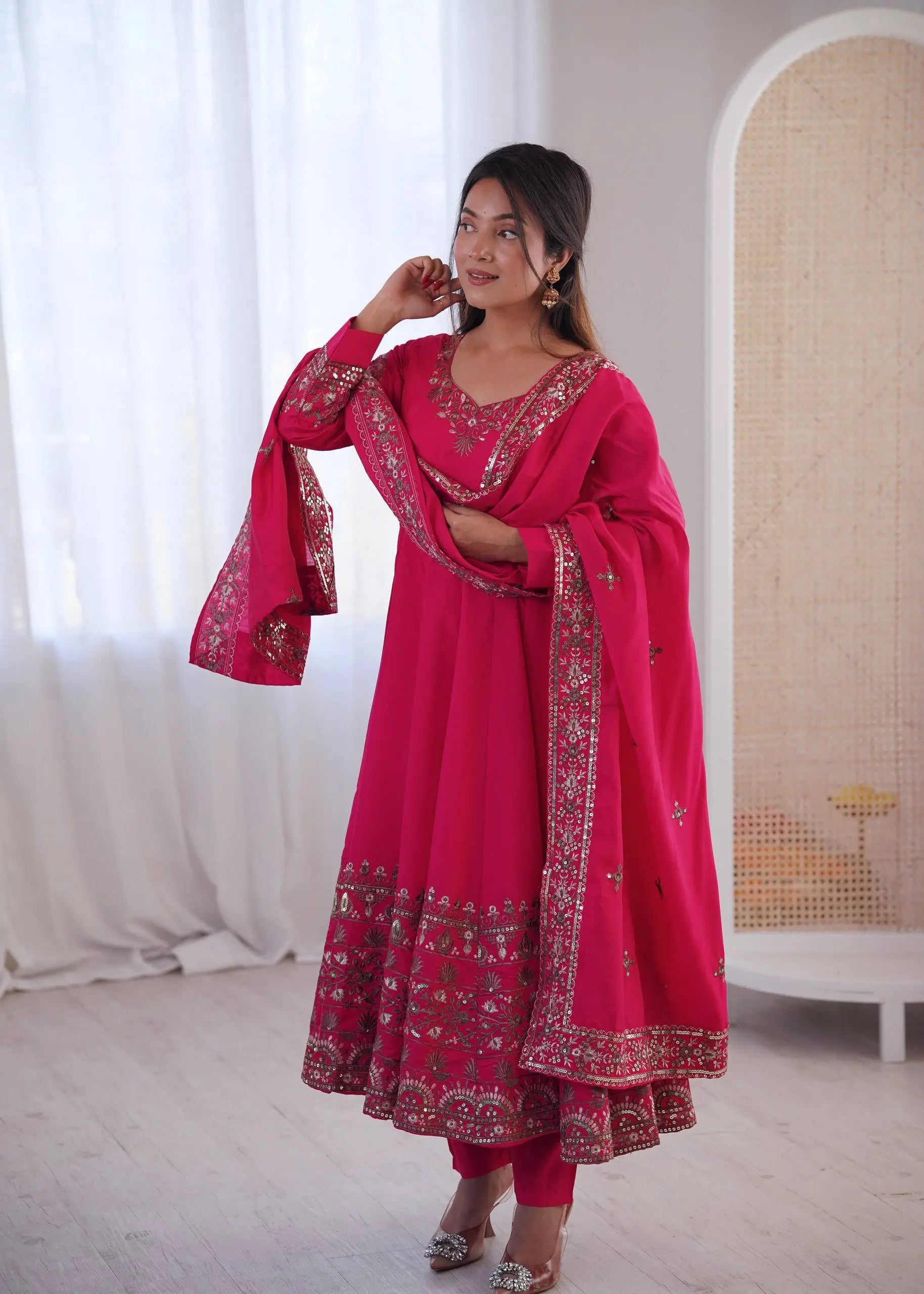 Embroidered Roman Silk Anarkali Three Piece Set