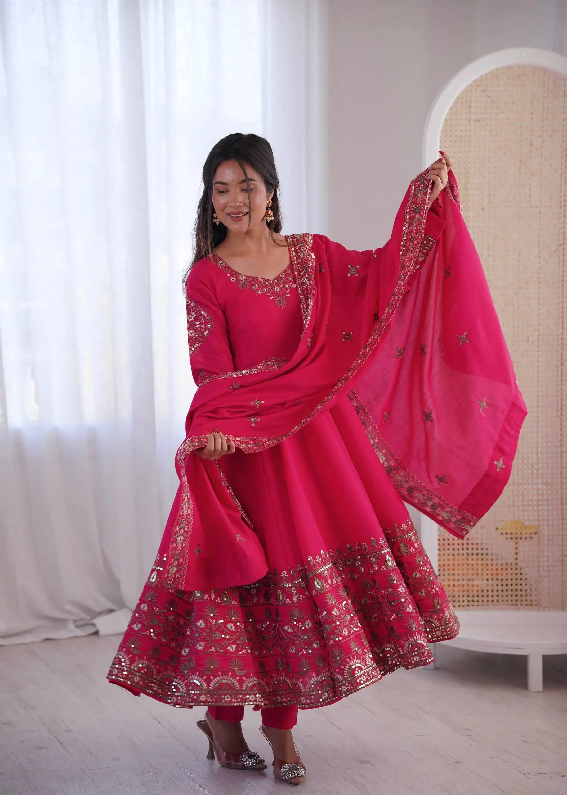 Embroidered Roman Silk Anarkali Three Piece Set