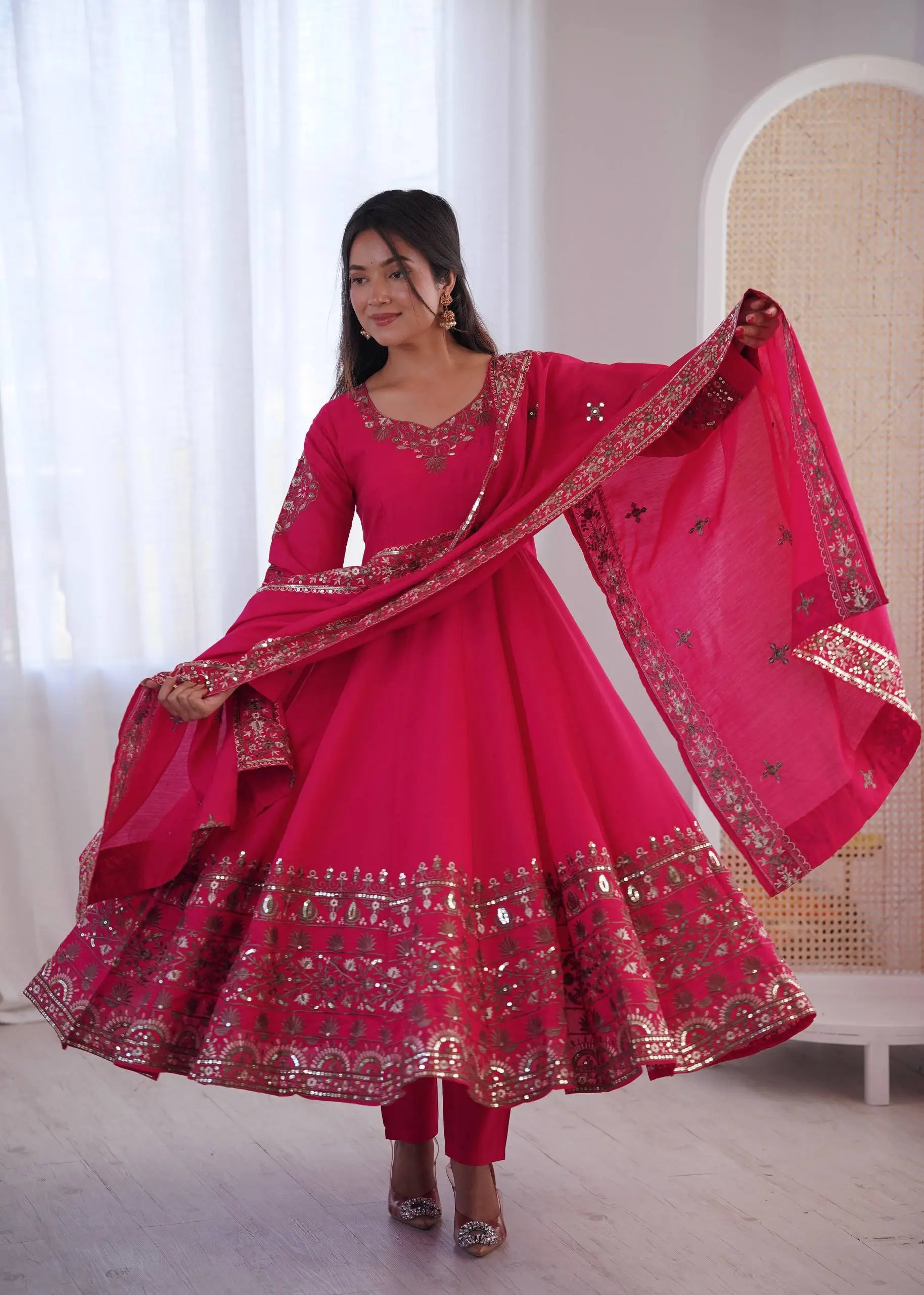 Embroidered Roman Silk Anarkali Three Piece Set