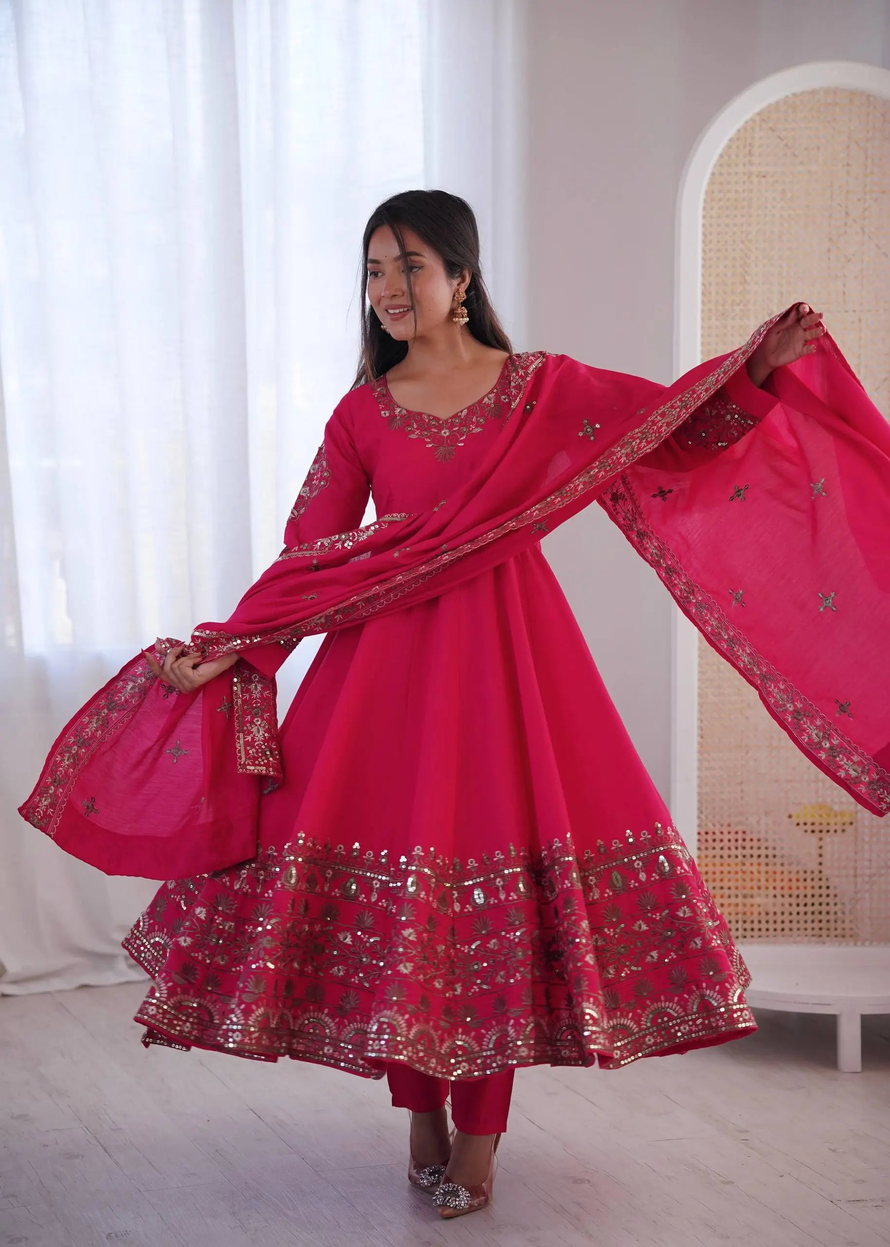 Embroidered Roman Silk Anarkali Three Piece Set