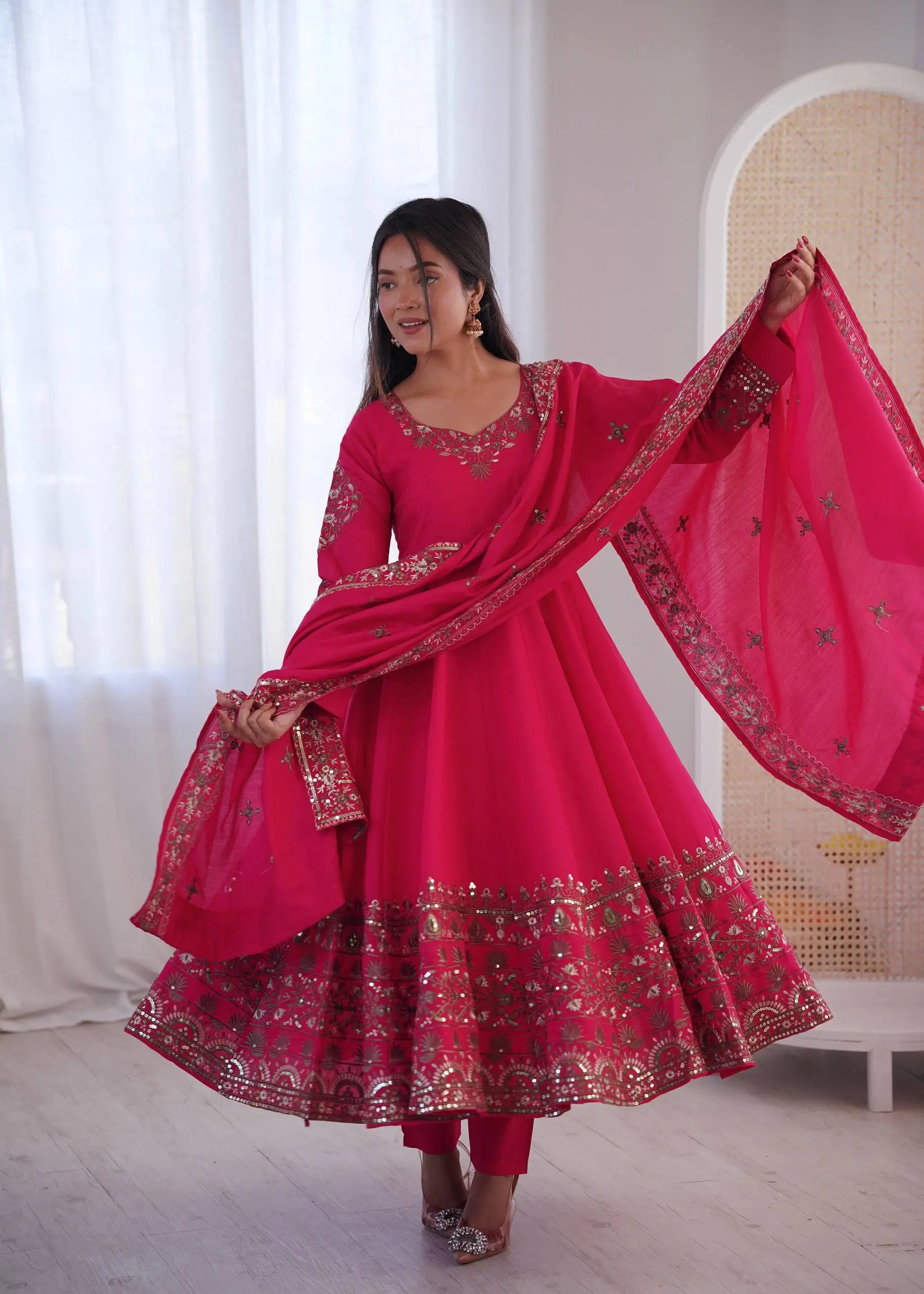 Embroidered Roman Silk Anarkali Three Piece Set