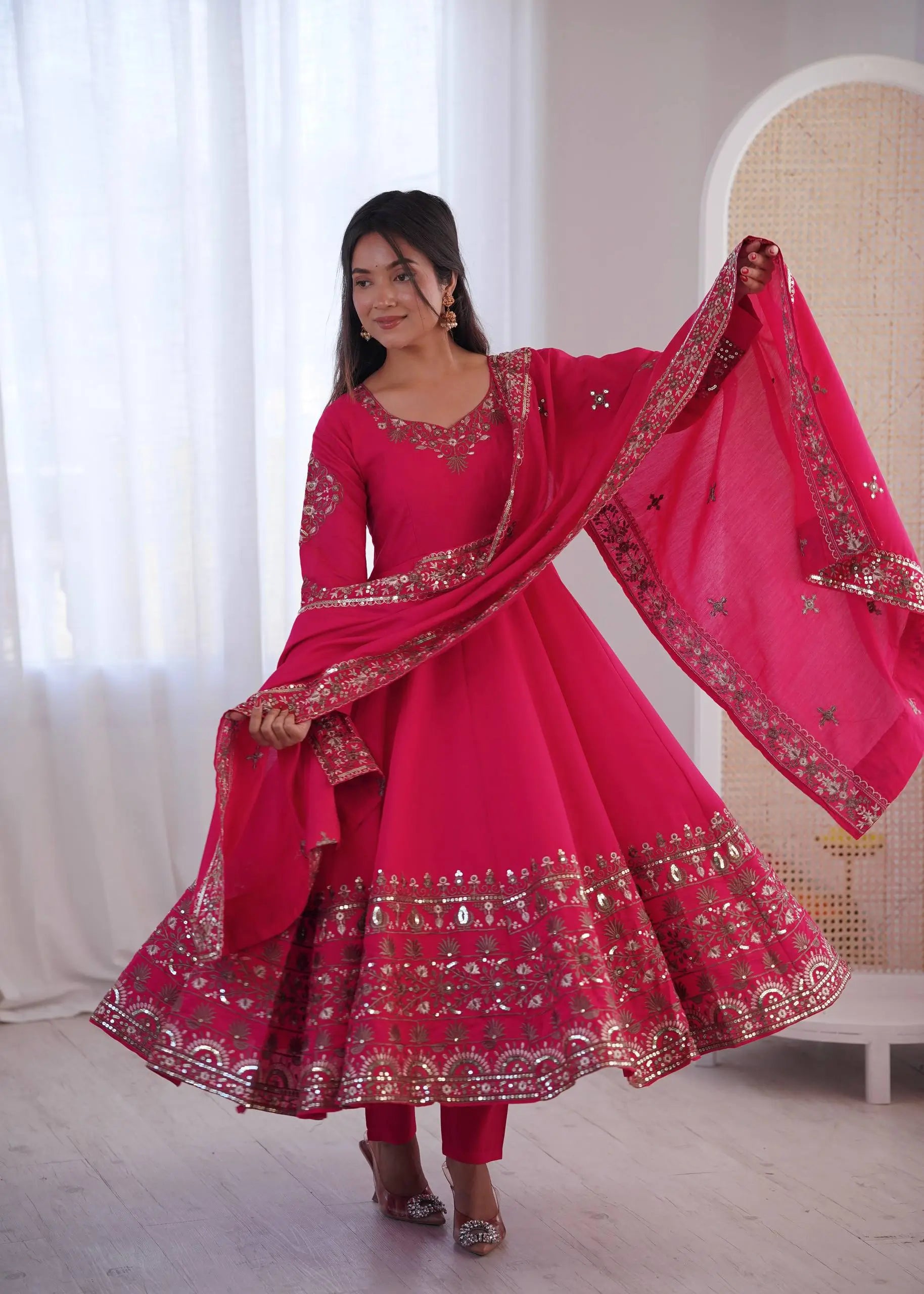 Embroidered Roman Silk Anarkali Three Piece Set