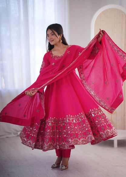 Embroidered Roman Silk Anarkali Three Piece Set