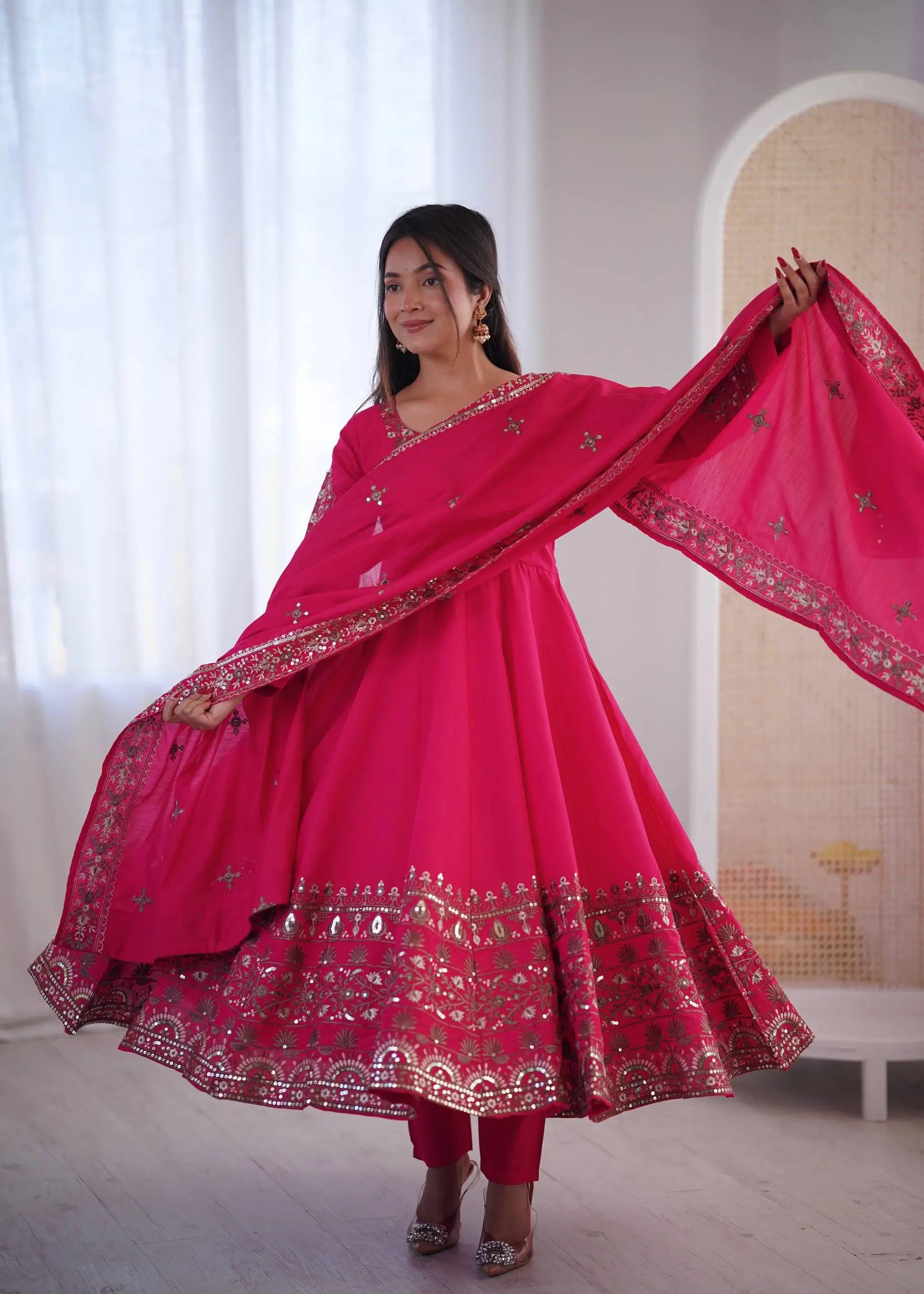 Embroidered Roman Silk Anarkali Three Piece Set