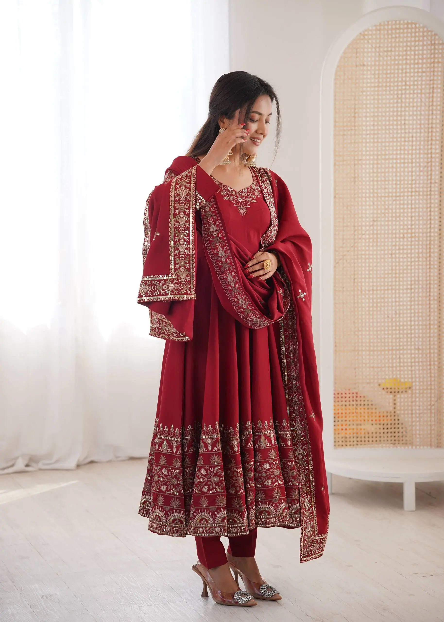 Embroidered Roman Silk Anarkali Three Piece Set