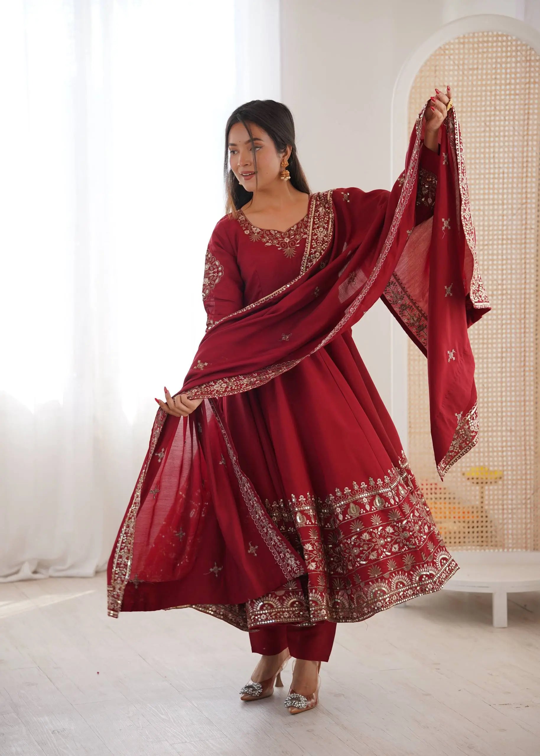 Embroidered Roman Silk Anarkali Three Piece Set