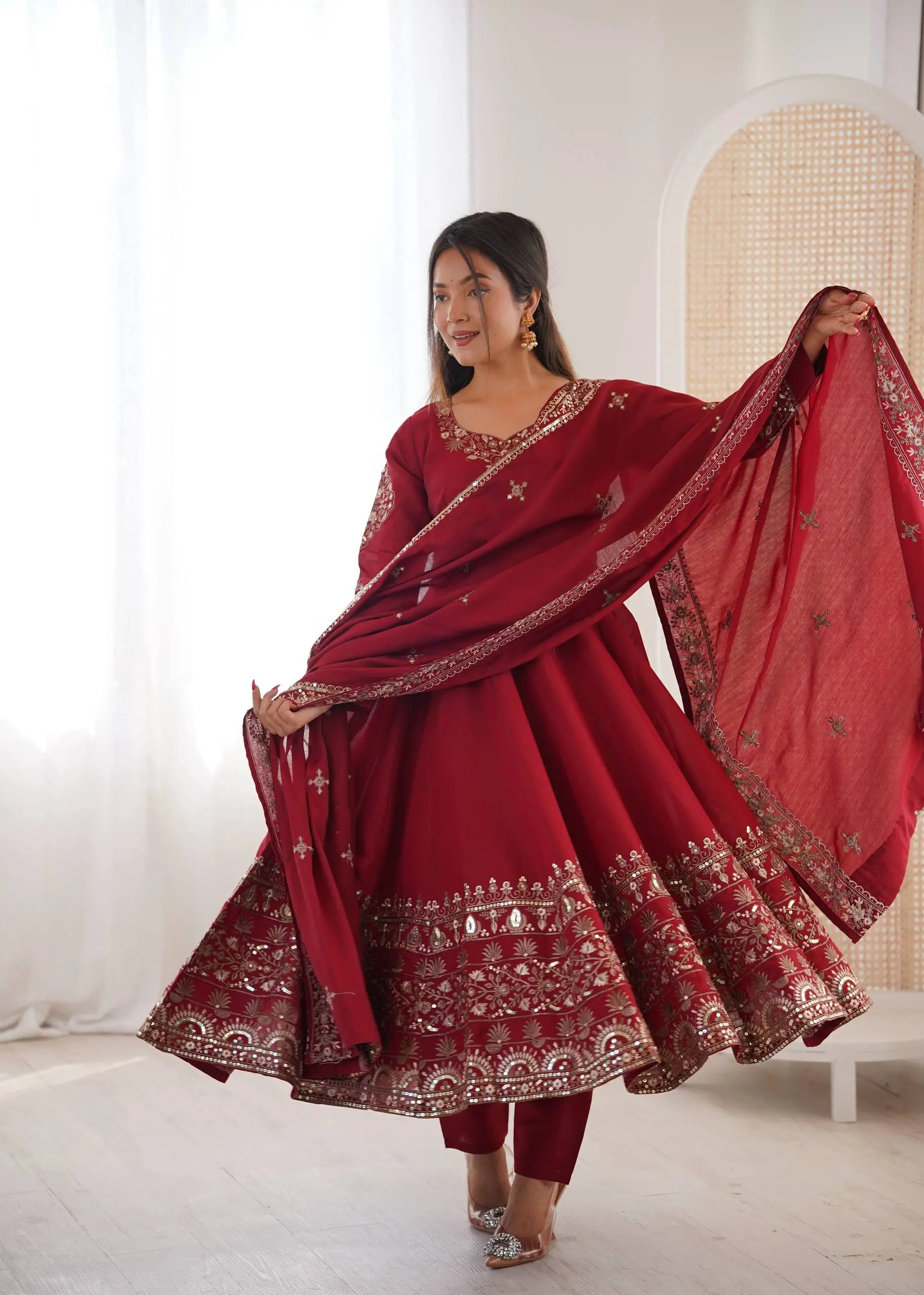 Embroidered Roman Silk Anarkali Three Piece Set