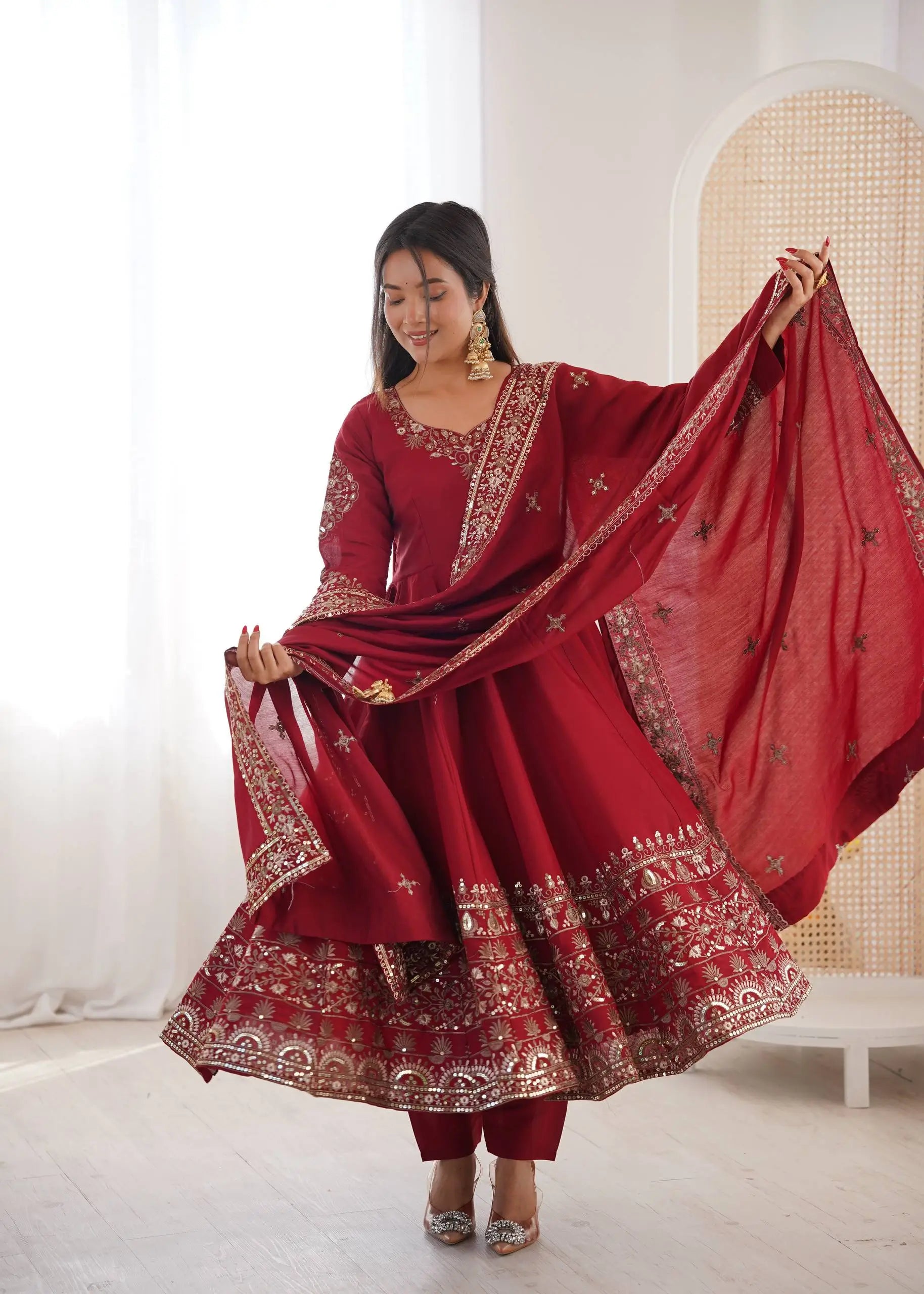 Embroidered Roman Silk Anarkali Three Piece Set