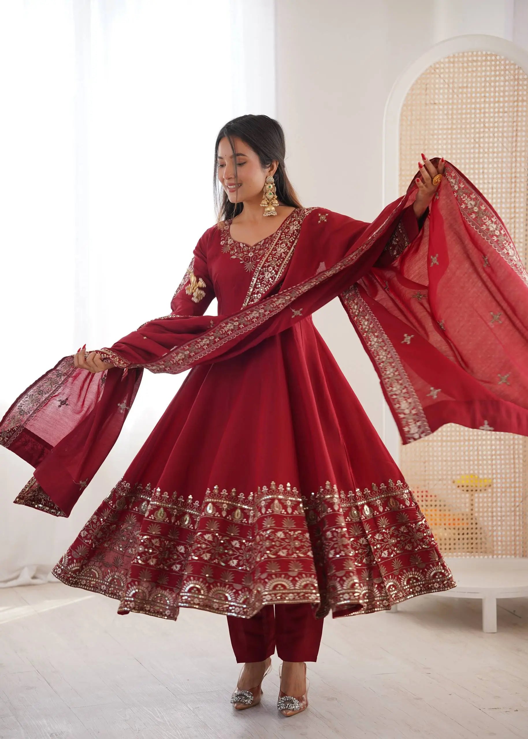 Embroidered Roman Silk Anarkali Three Piece Set