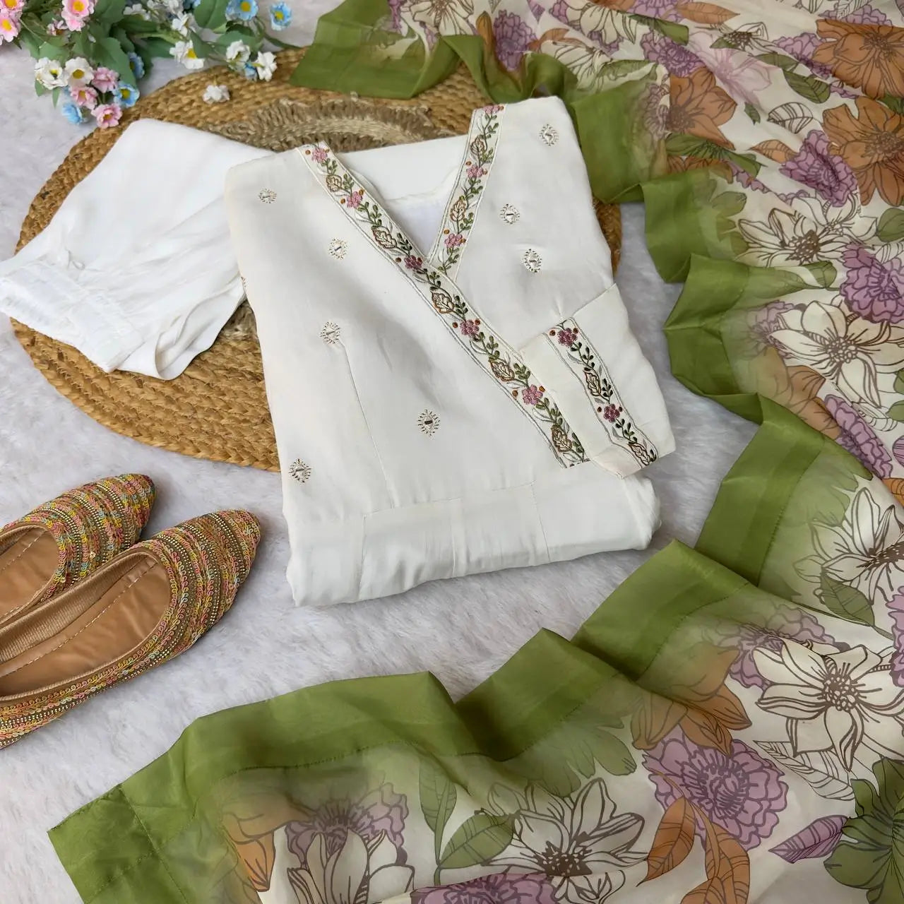 Embroidered Roman Silk Gown Set with Dupatta and Pant