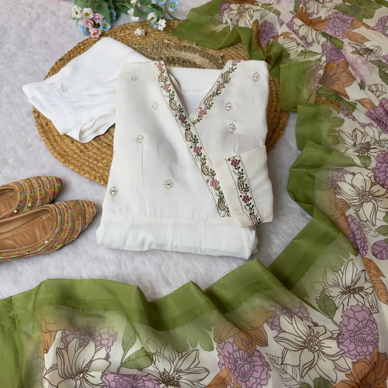 Embroidered Roman Silk Gown Set with Dupatta and Pant