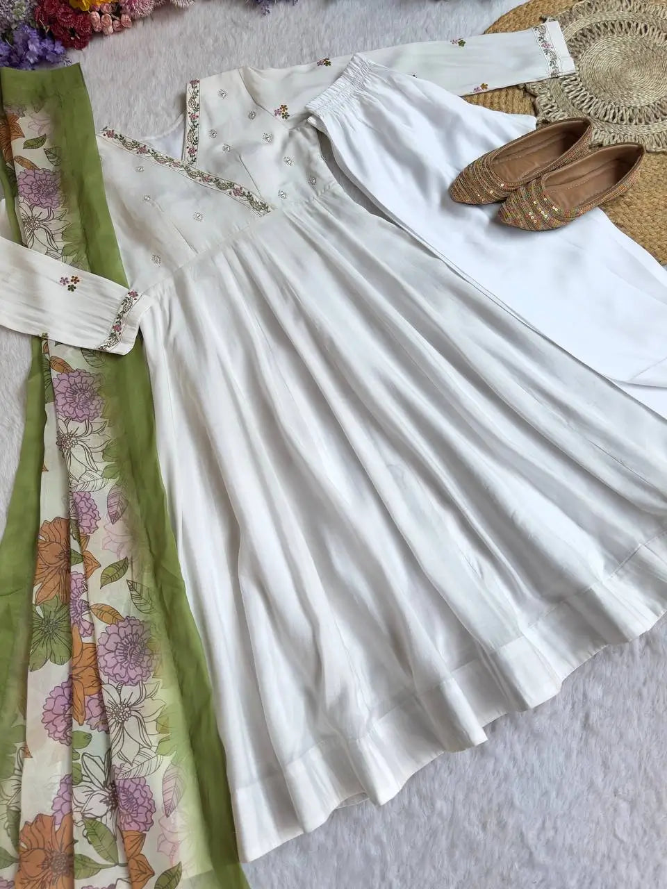 Embroidered Roman Silk Gown Set with Dupatta and Pant