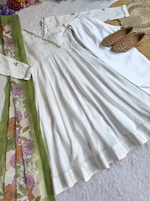 Embroidered Roman Silk Gown Set with Dupatta and Pant