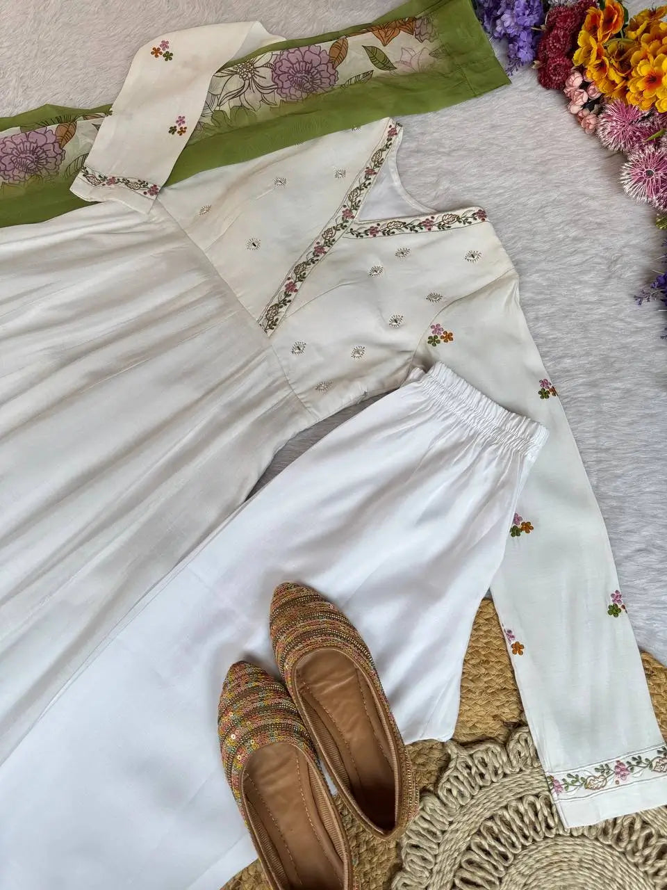 Embroidered Roman Silk Gown Set with Dupatta and Pant