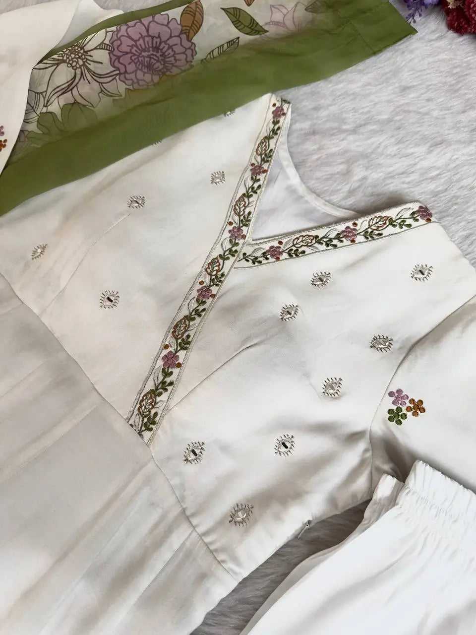 Embroidered Roman Silk Gown Set with Dupatta and Pant