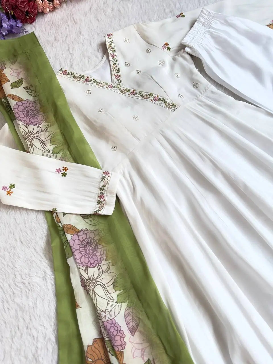 Embroidered Roman Silk Gown Set with Dupatta and Pant