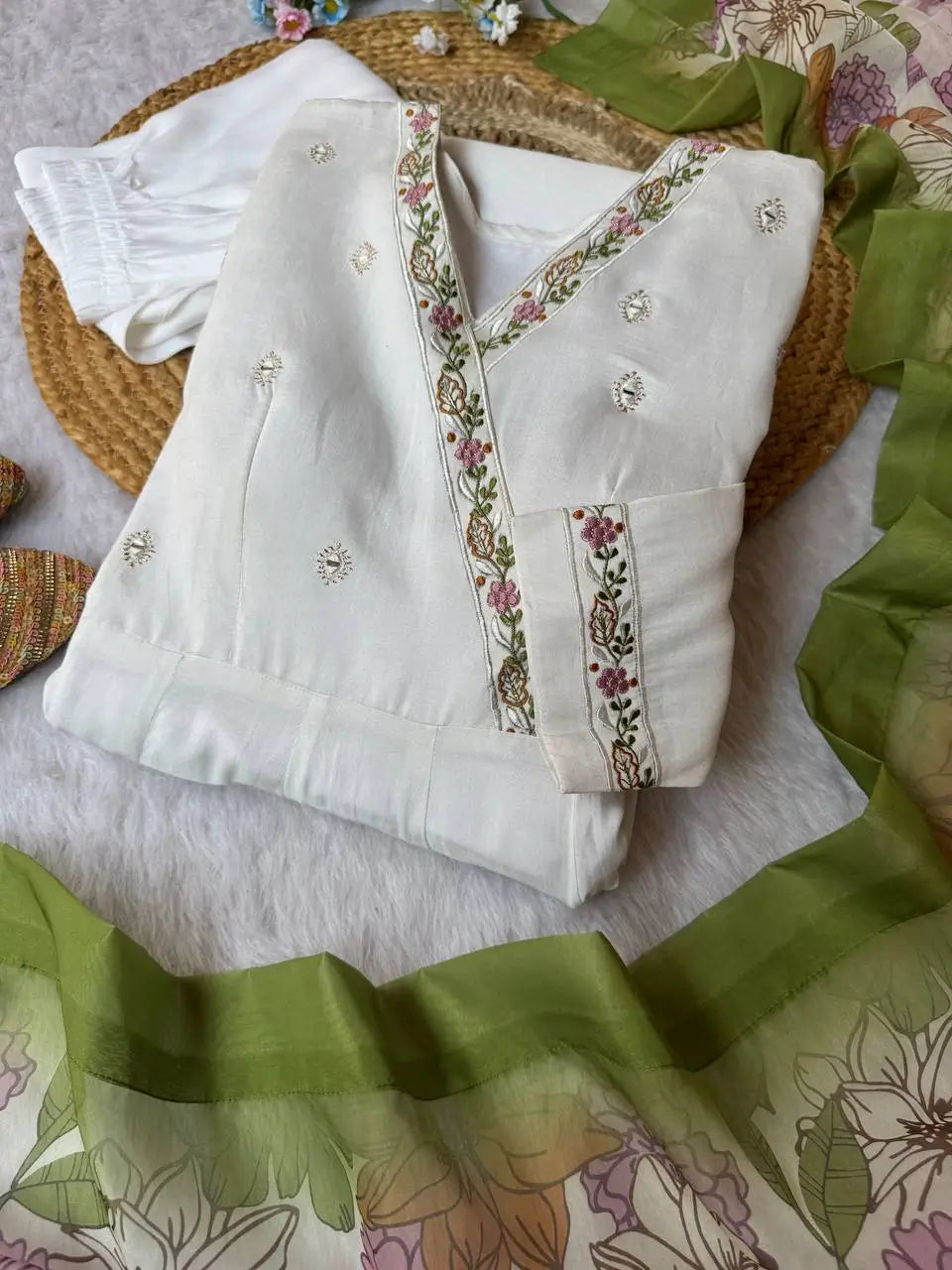 Embroidered Roman Silk Gown Set with Dupatta and Pant