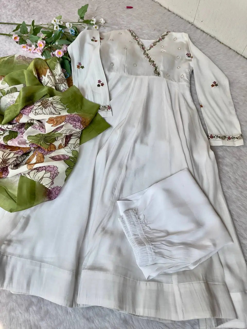 Embroidered Roman Silk Gown Set with Dupatta and Pant