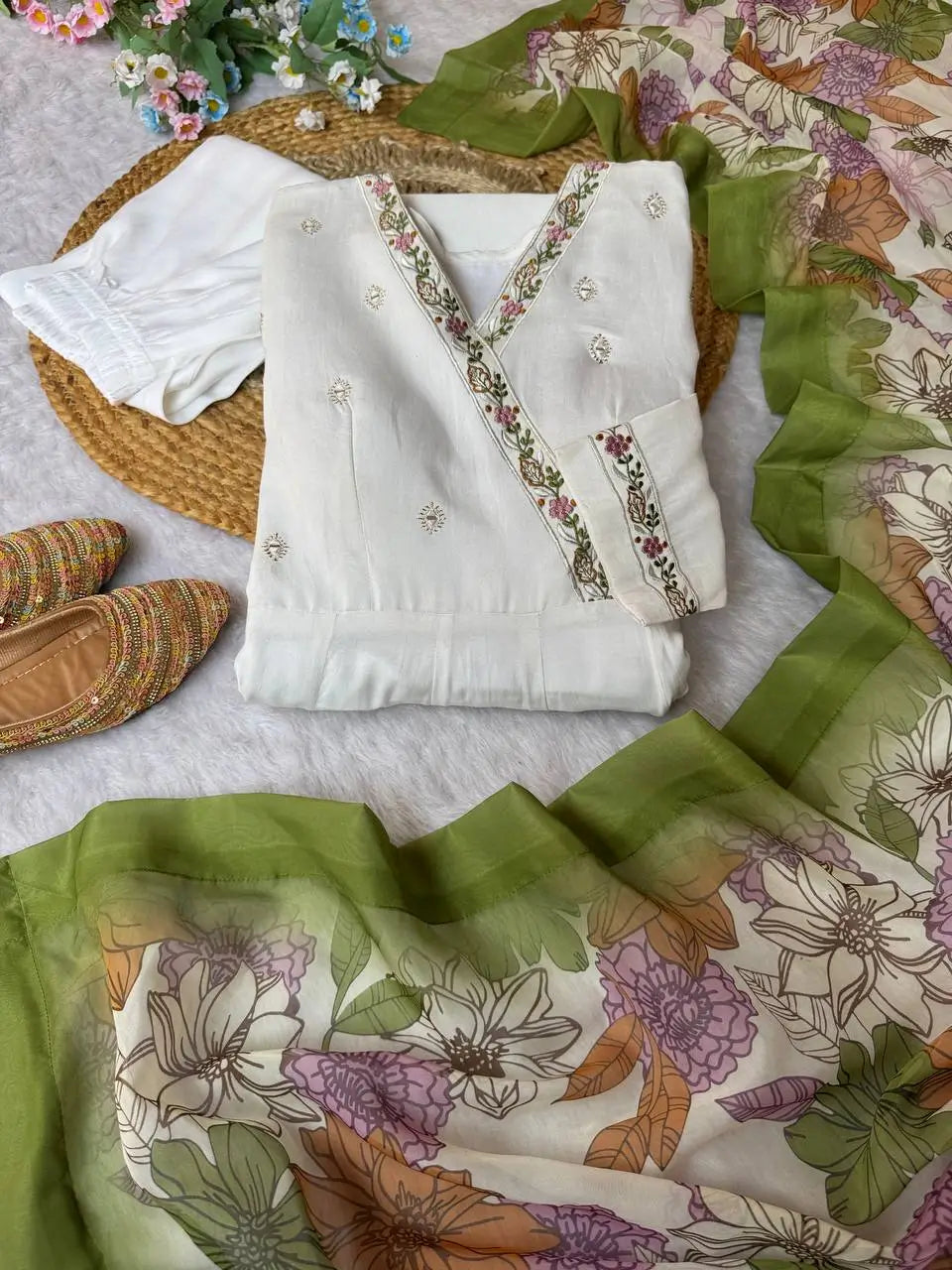 Embroidered Roman Silk Gown Set with Dupatta and Pant