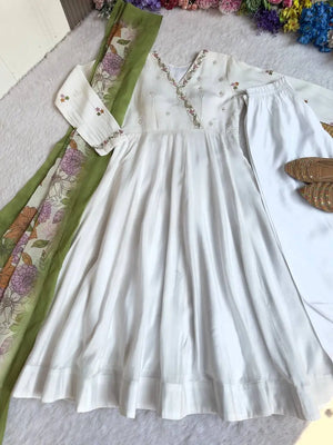 Embroidered Roman Silk Gown Set with Dupatta and Pant