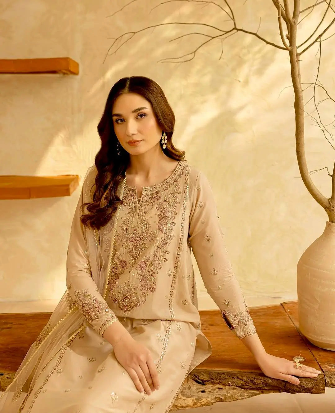 Embroidered Roman Silk Kurta Pant Set with Net Dupatta