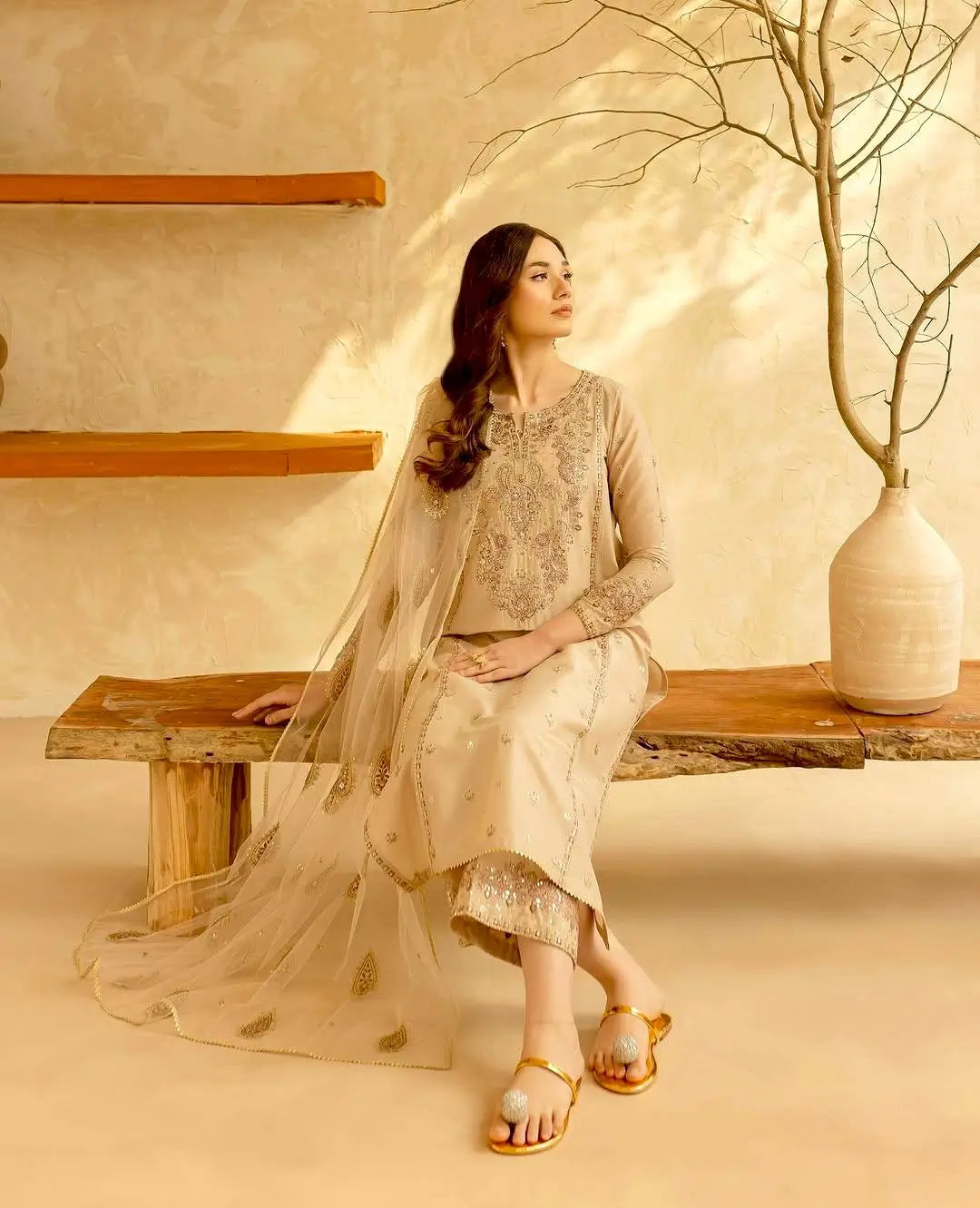 Embroidered Roman Silk Kurta Pant Set with Net Dupatta