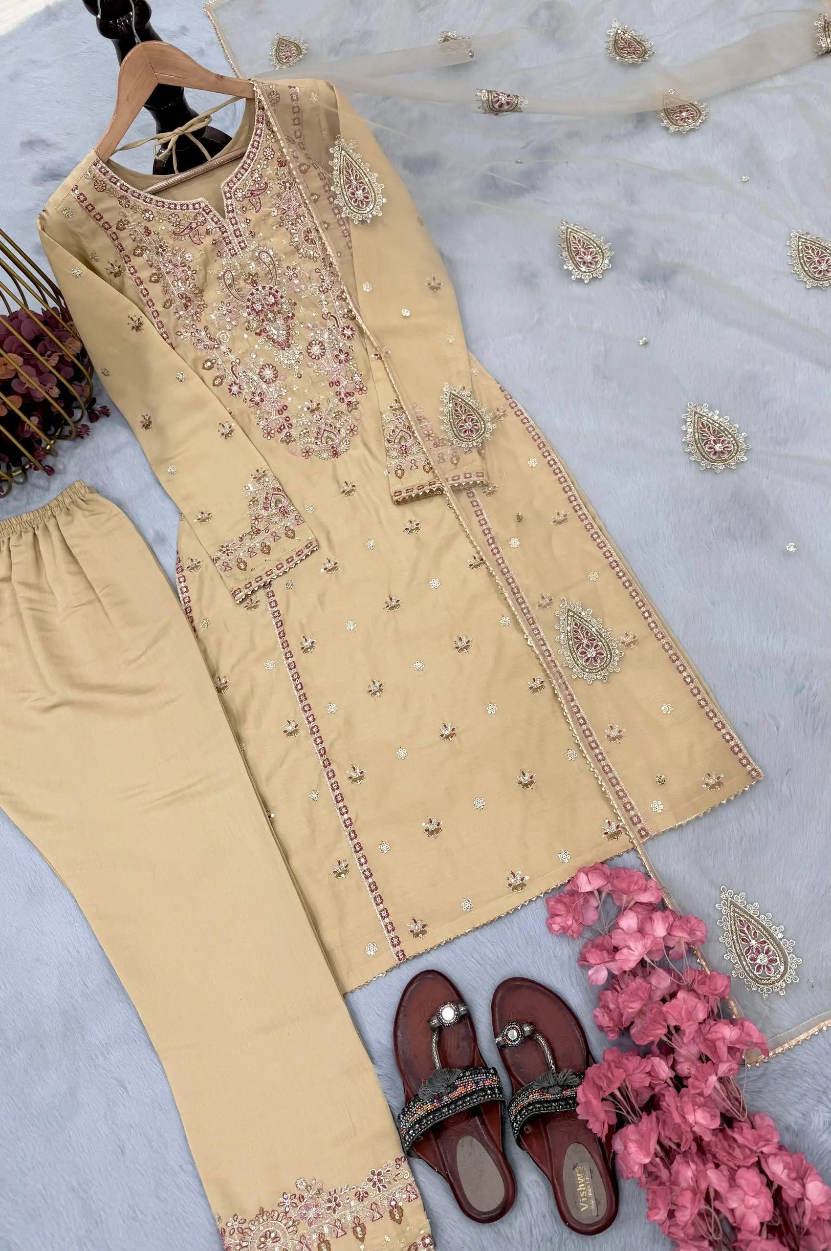 Embroidered Roman Silk Kurta Pant Set with Net Dupatta