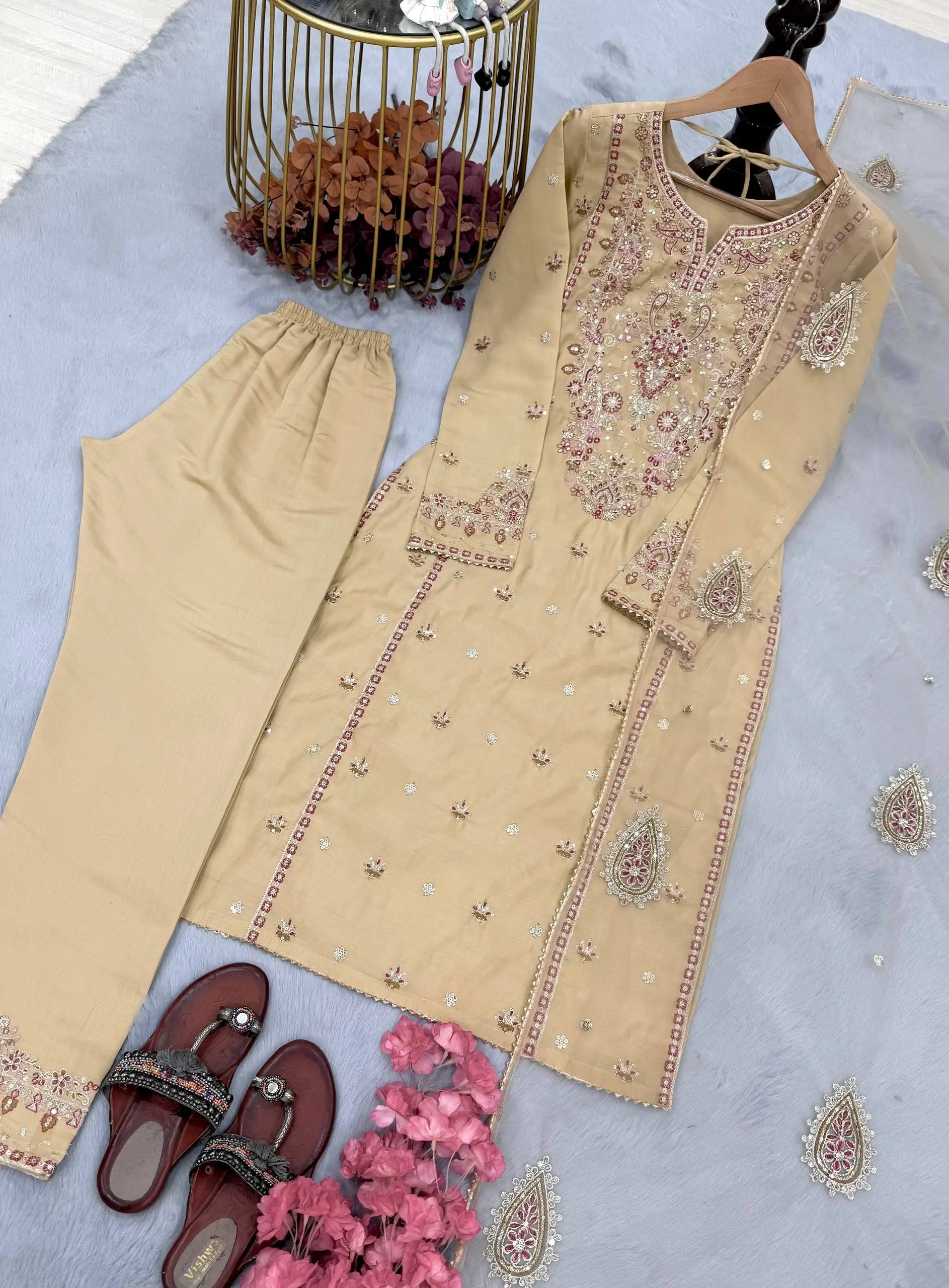 Embroidered Roman Silk Kurta Pant Set with Net Dupatta