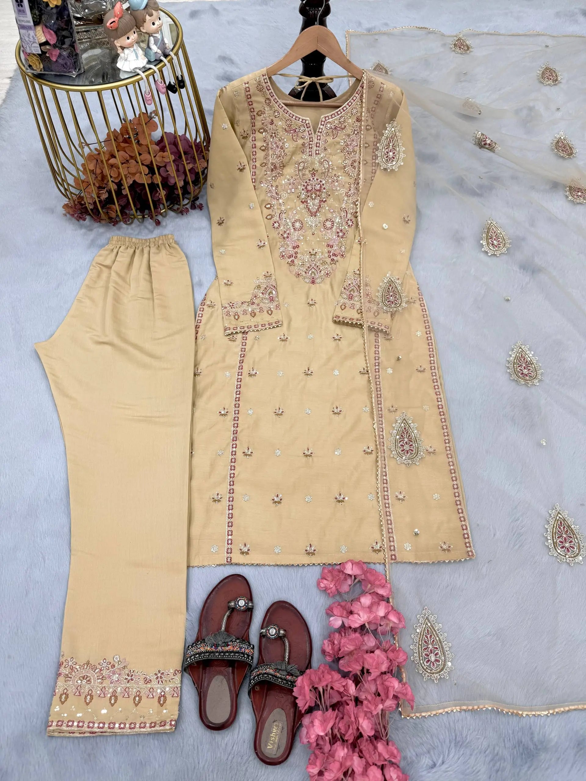 Embroidered Roman Silk Kurta Pant Set with Net Dupatta