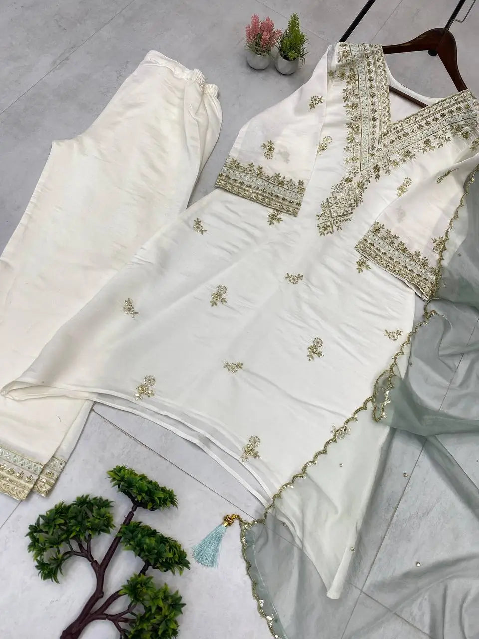 Embroidered Roman Silk Kurta Pant Set with Organza Dupatta for Festive and Party Wear