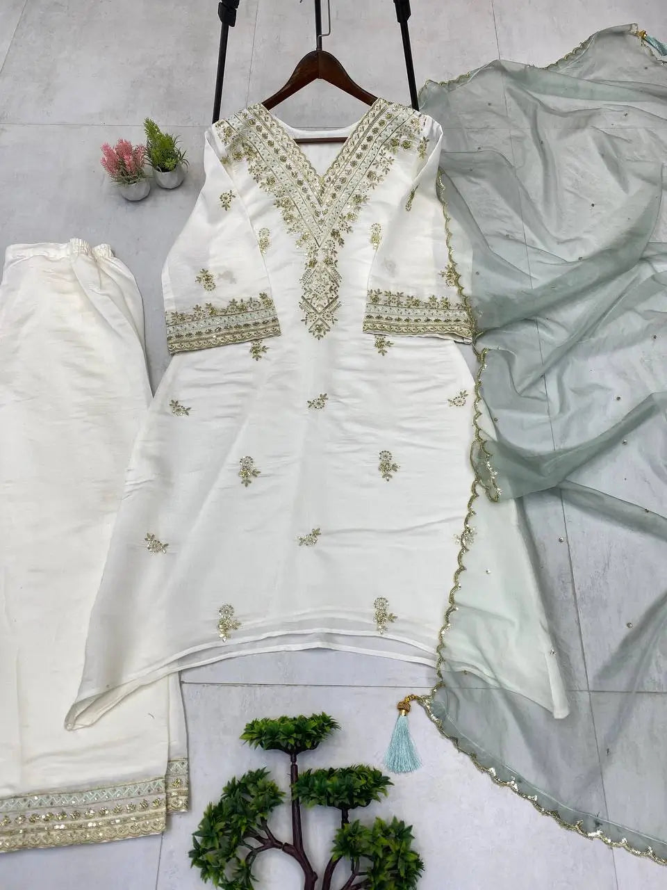 Embroidered Roman Silk Kurta Pant Set with Organza Dupatta for Festive and Party Wear