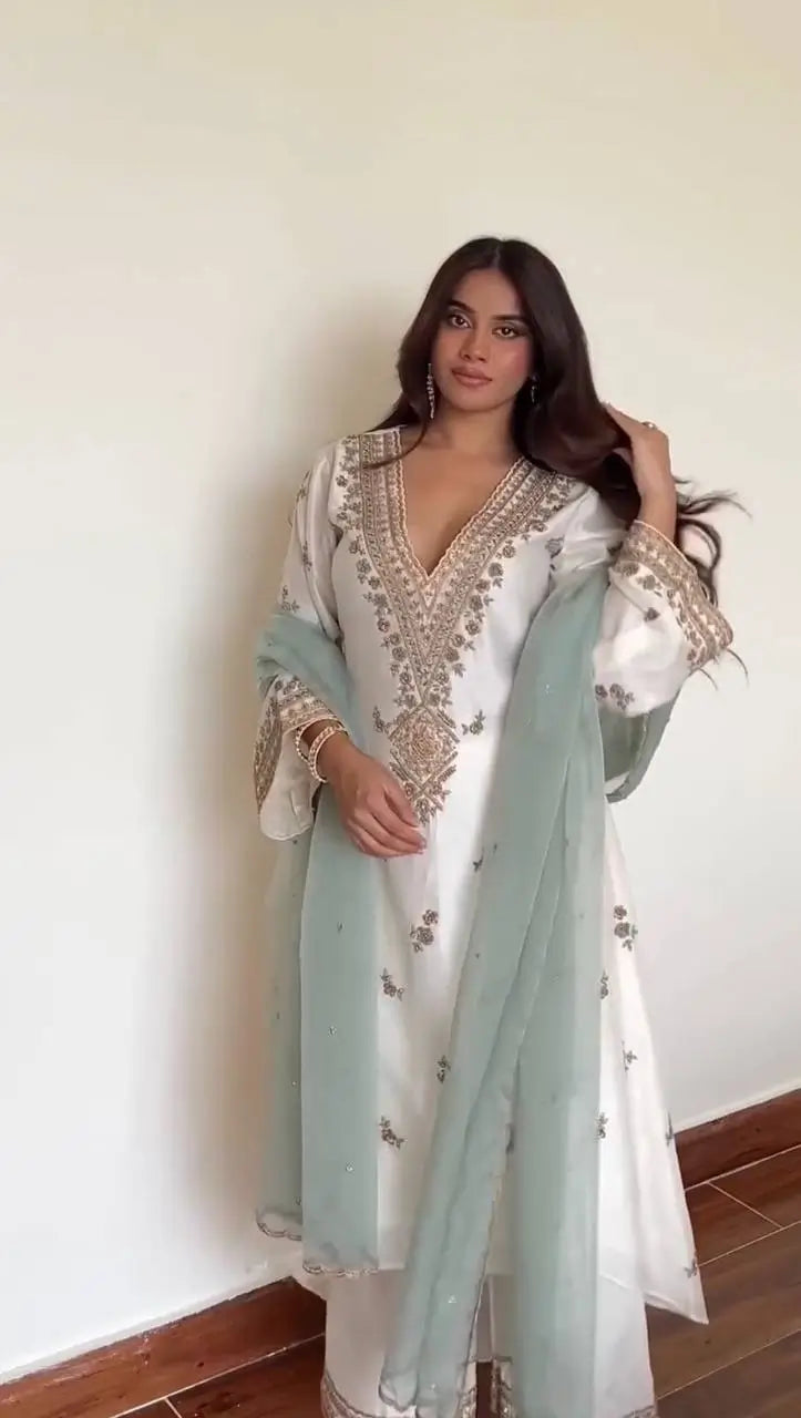 Embroidered Roman Silk Kurta Pant Set with Organza Dupatta for Festive and Party Wear